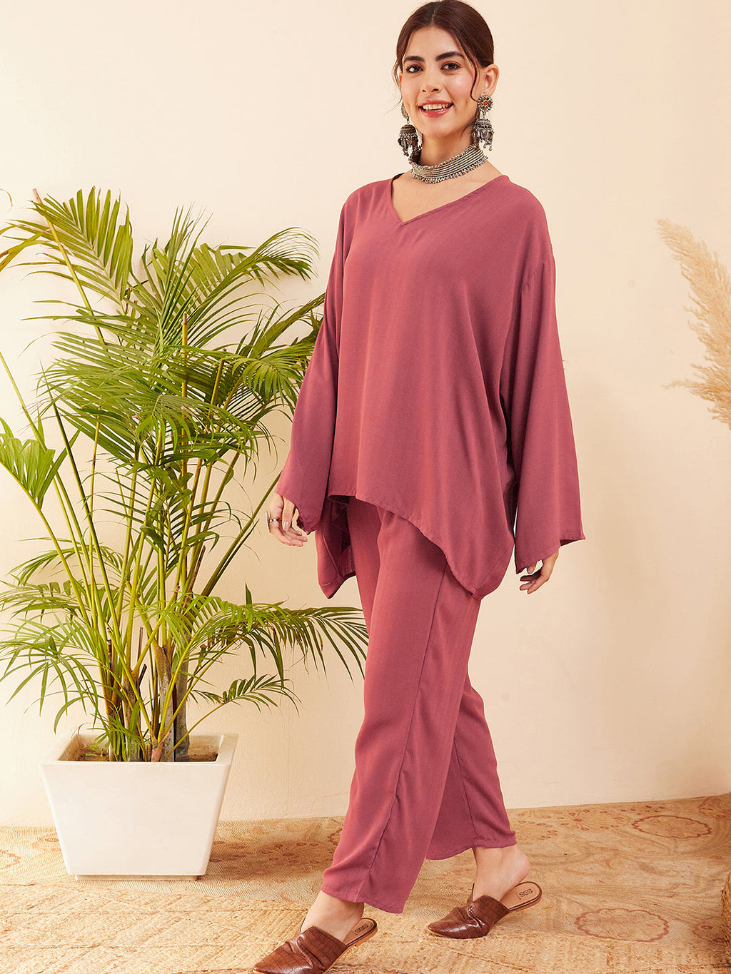 InWeave Women's Light Brown Full Sleeve Boho Top Bottom Set