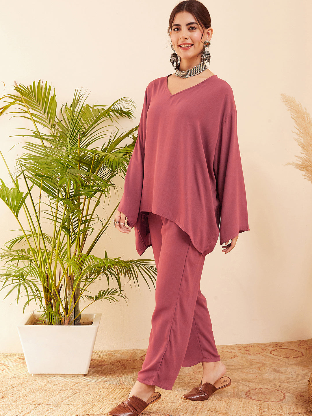 InWeave Women's Light Brown Full Sleeve Boho Top Bottom Set