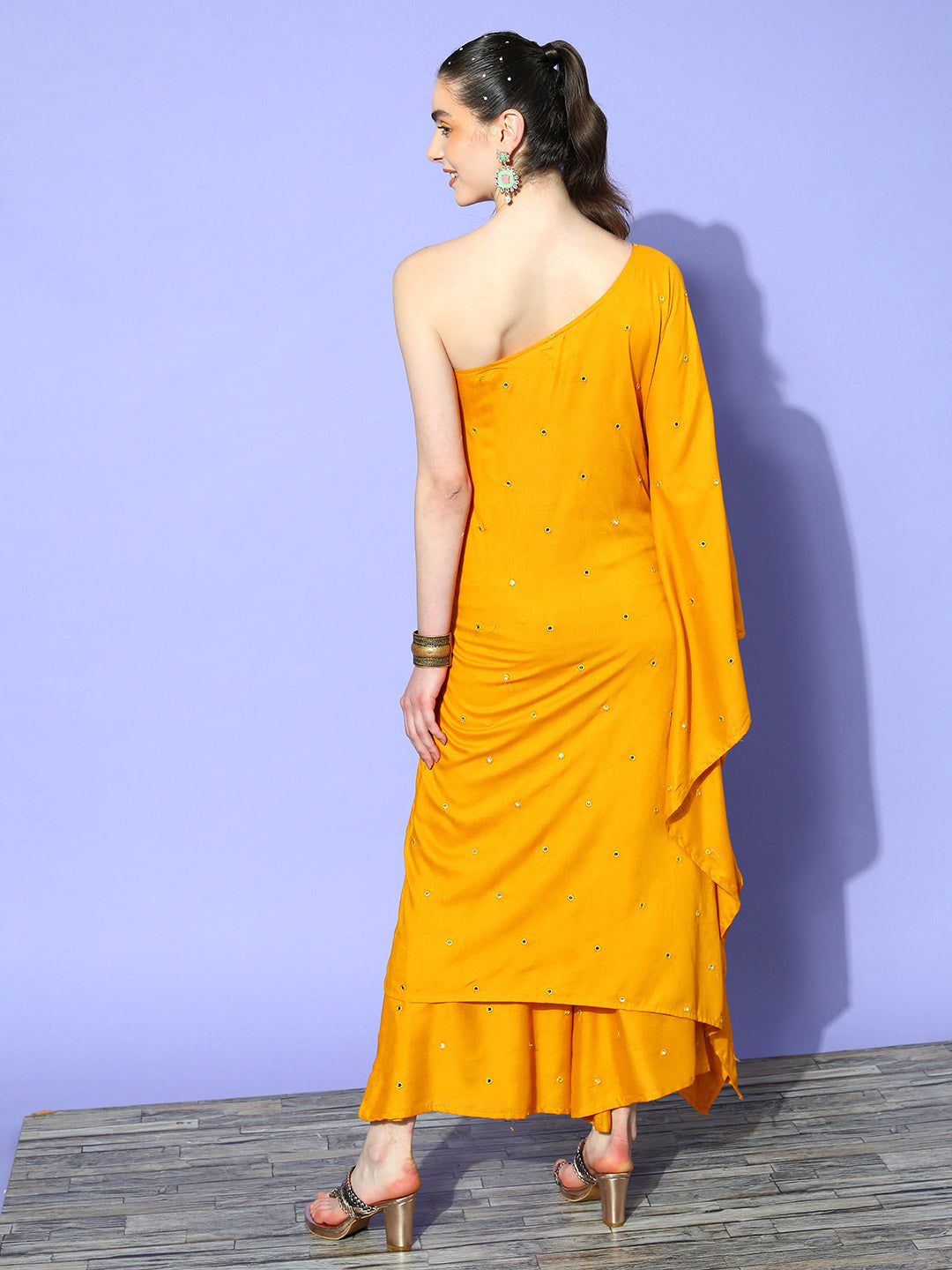 InWeave Women's Mustard Mirror Work One Shoulder Kurta Set