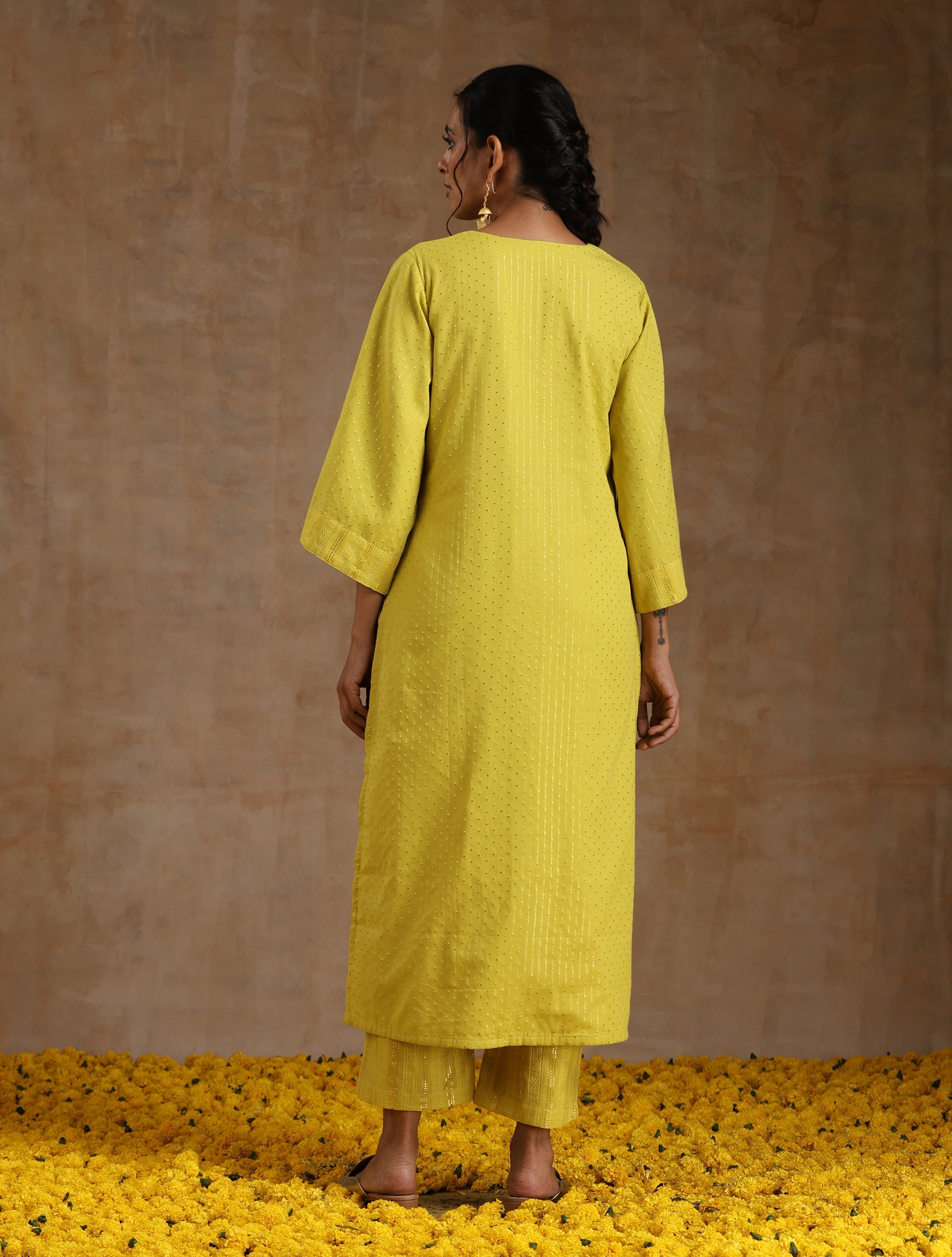 trueBrowns Lime Gold Cotton Relax High Slit Kurta Set