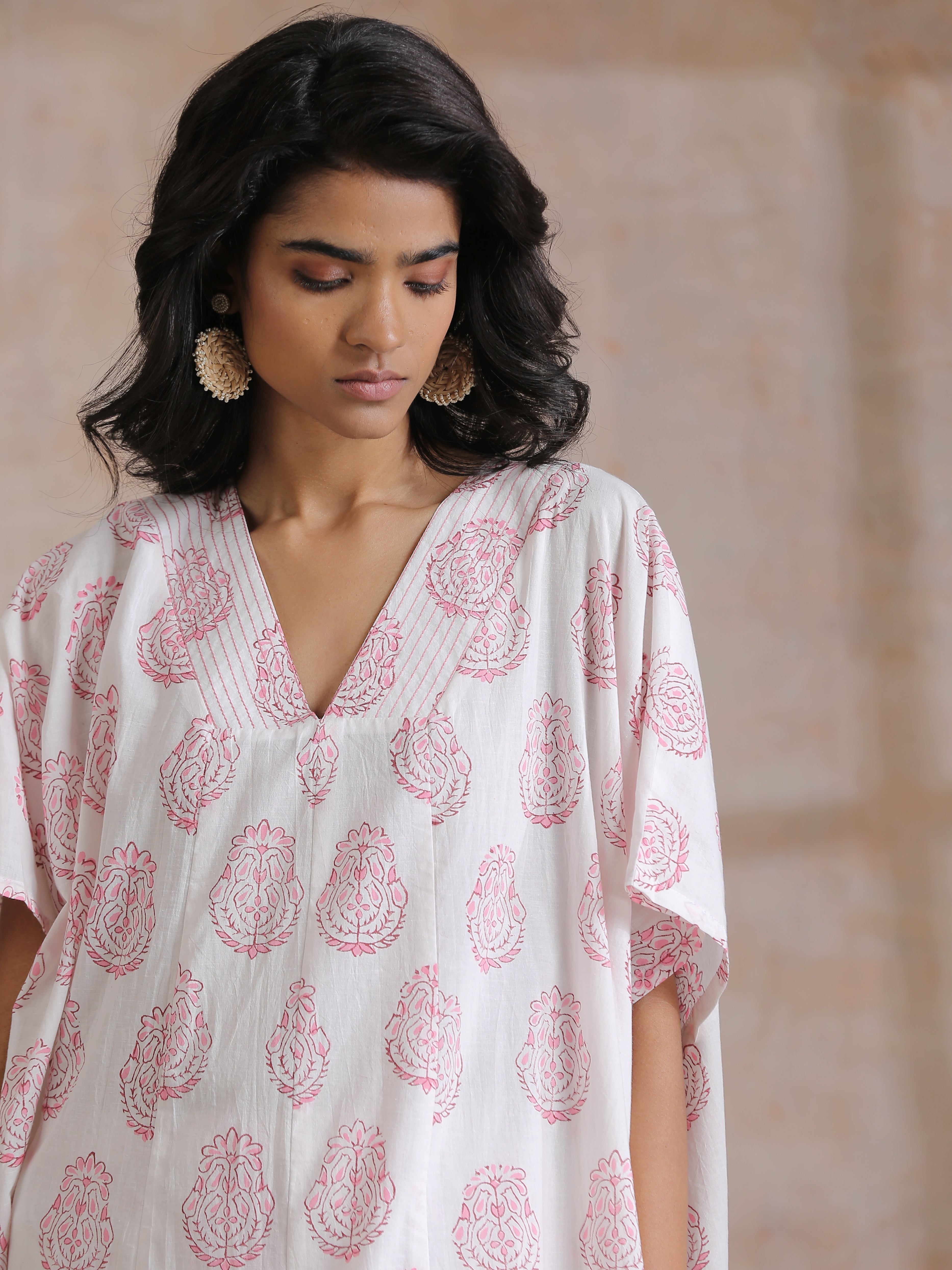 trueBrowns Pink Big Buta On White Print Cotton Panel Kaftan Kurta Pant Set