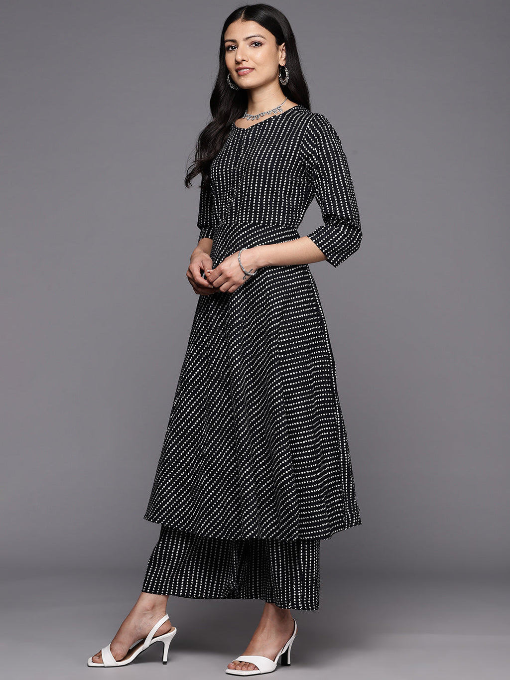 KSUT (House of Varanga) Black And White Cotton Printed Anarkali Kurta Paired With Palazzo And Chiffon Dupatta