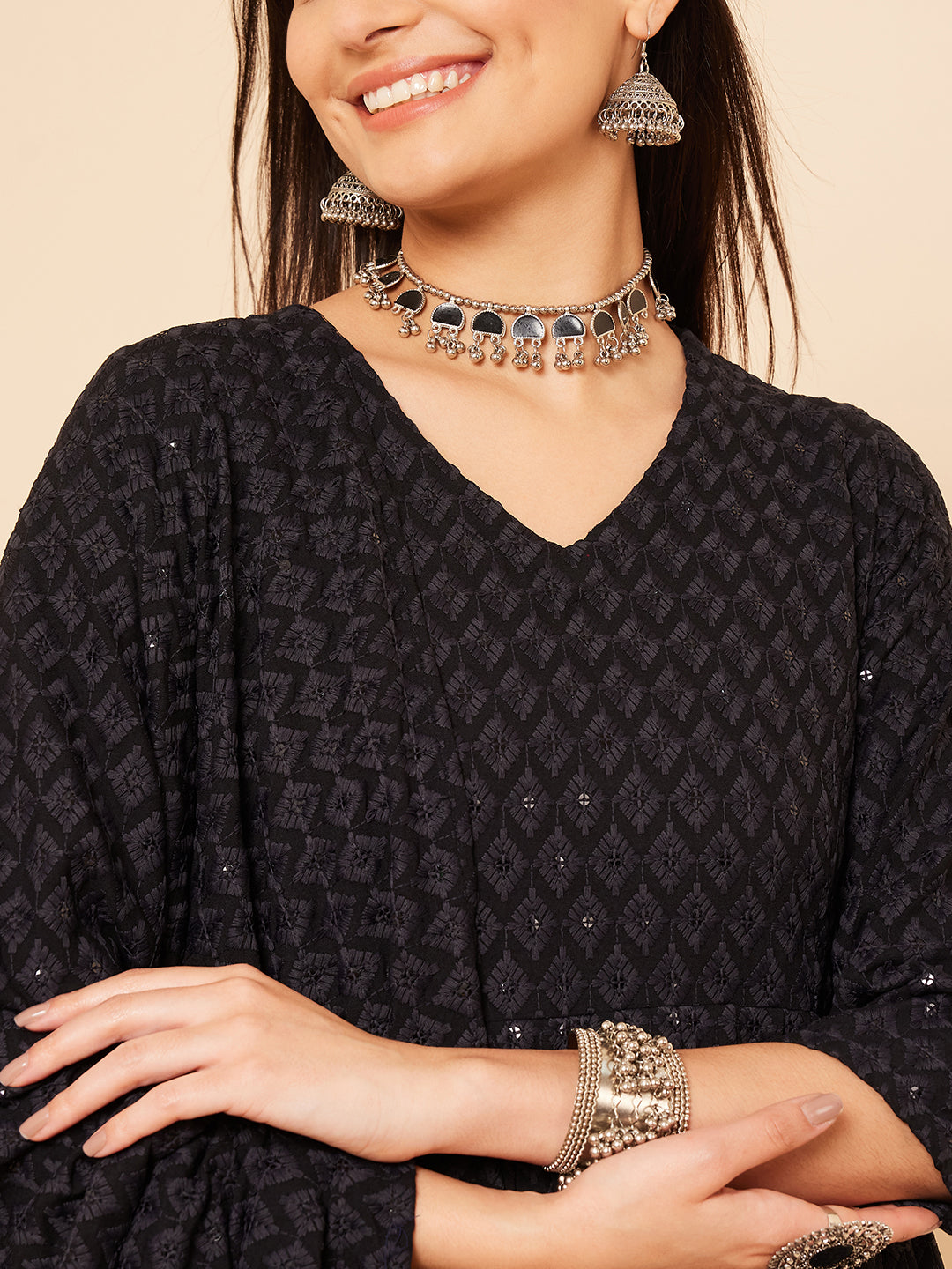 InWeave Women's Black Chikankari Long Anarkali Kurta Sharara Set W Dupatta