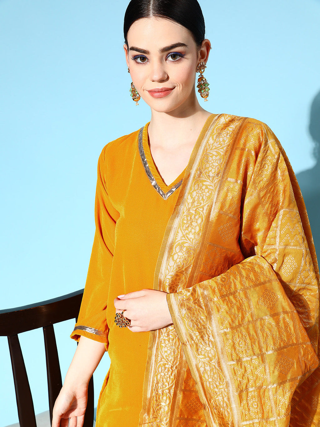 InWeave Women's Mustard Velvet Kurta Set With Mustard Gold Dupatta