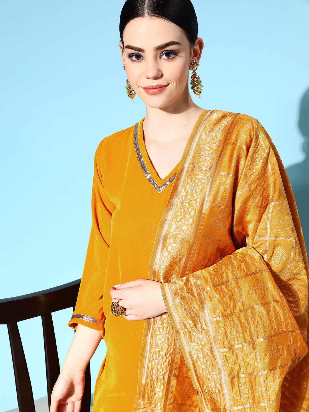 InWeave Women's Mustard Velvet Kurta Set With Mustard Gold Dupatta