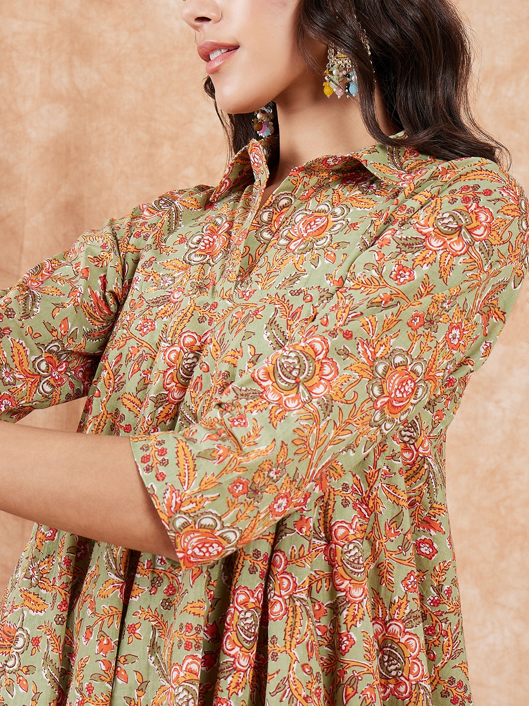 InWeave Women's Pear Green Orange Floral Print Flared Kurta Pant Set