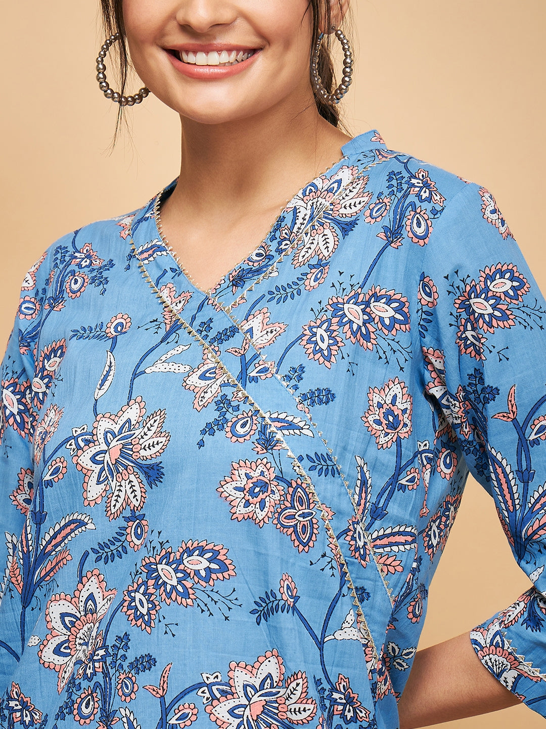 InWeave Women's Skyblue Pink Floral Angrakha Straight Kurta