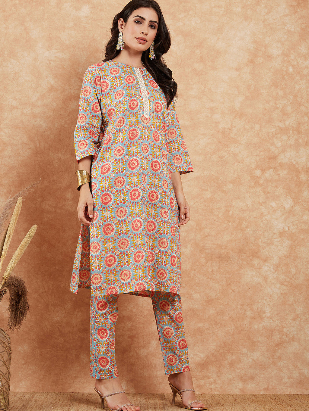 InWeave Women's Light Blue Floral Jaal Gota Work Straight Kurta Pant Set