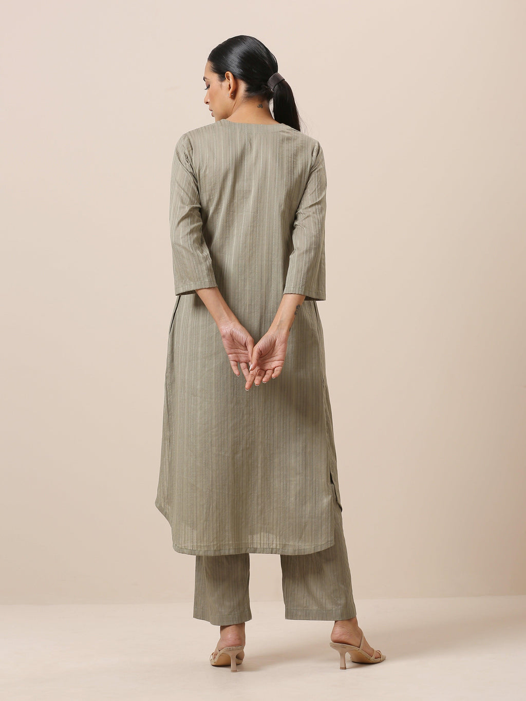 trueBrowns Cotton Olive Green Flared Slit Kurta Pant Set