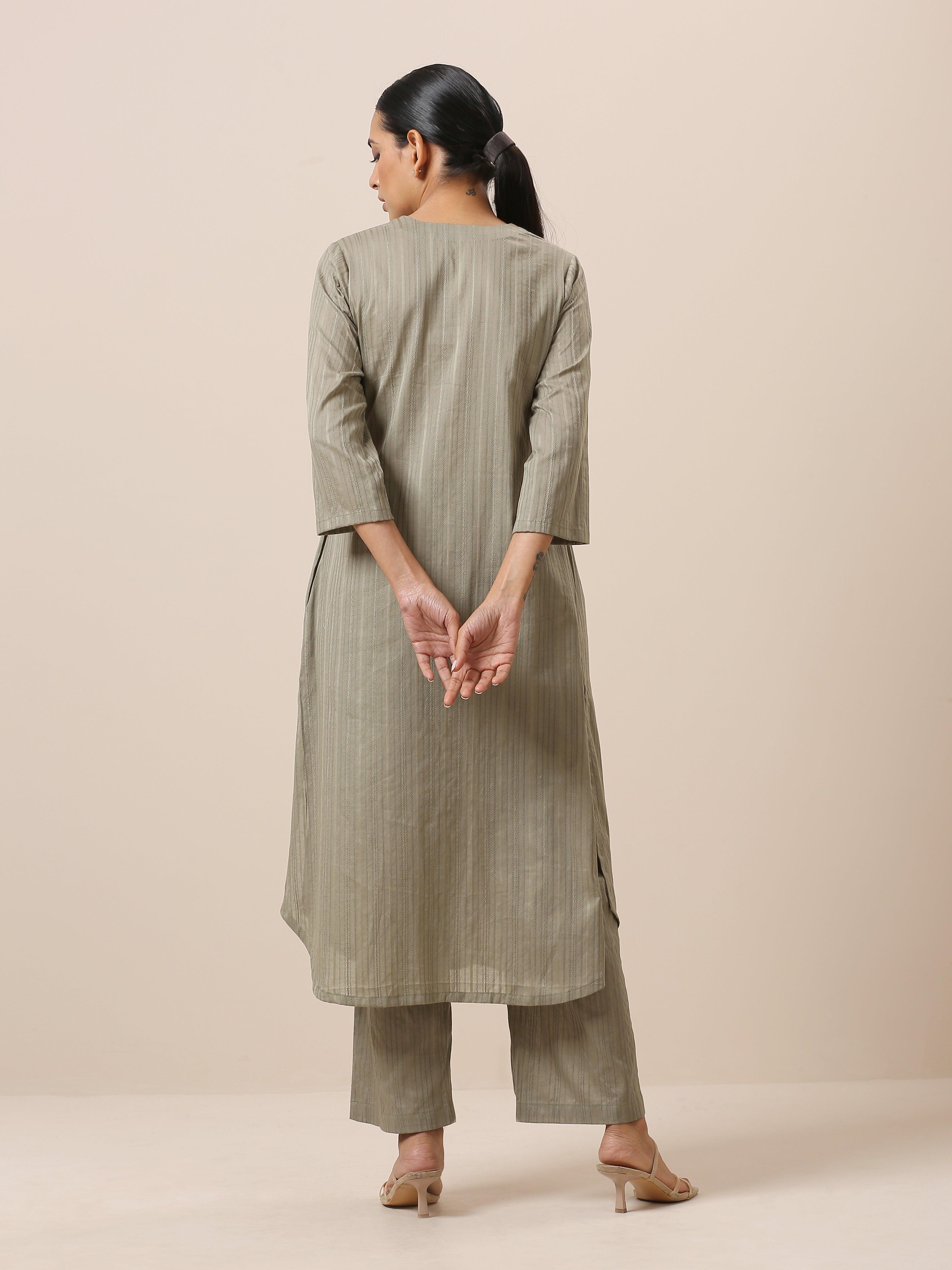 trueBrowns Cotton Olive Green Flared Slit Kurta Pant Set
