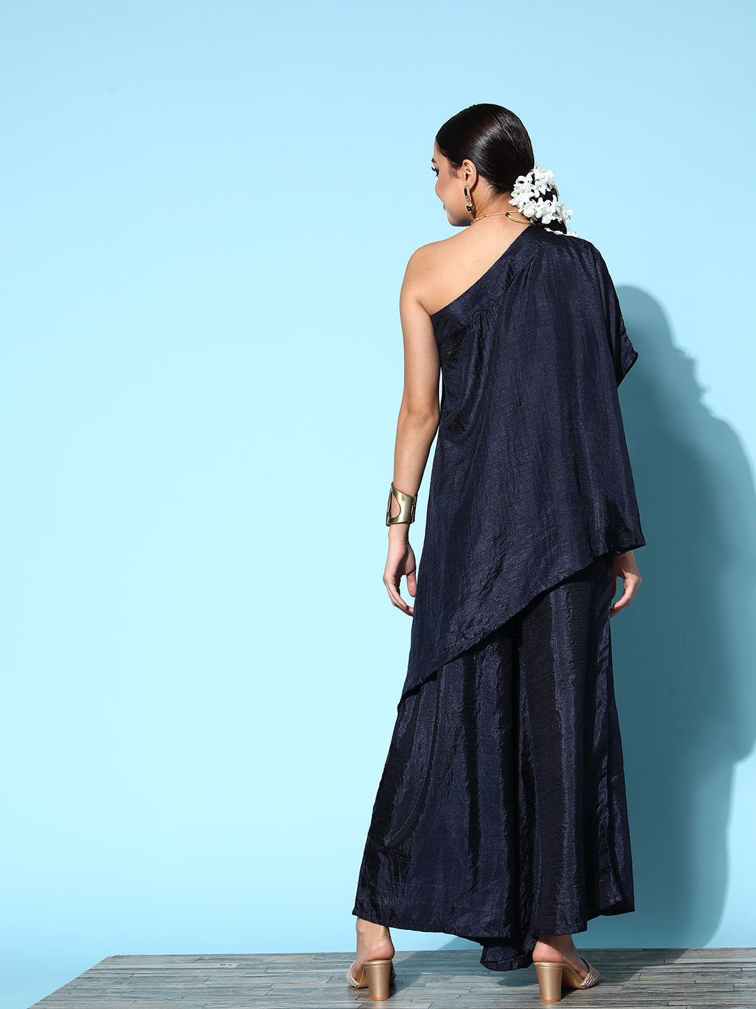 InWeave Women's Navy One Shoulder Kurta Set With Gota Work