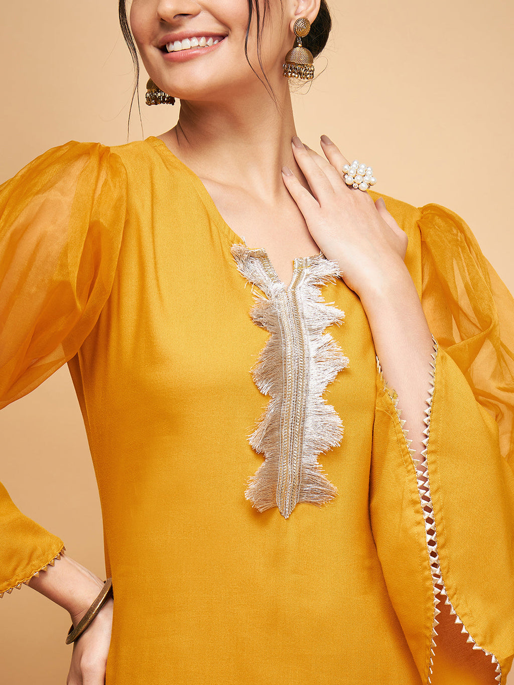 InWeave Women's Mustard Organza Sleeve Kurta Set