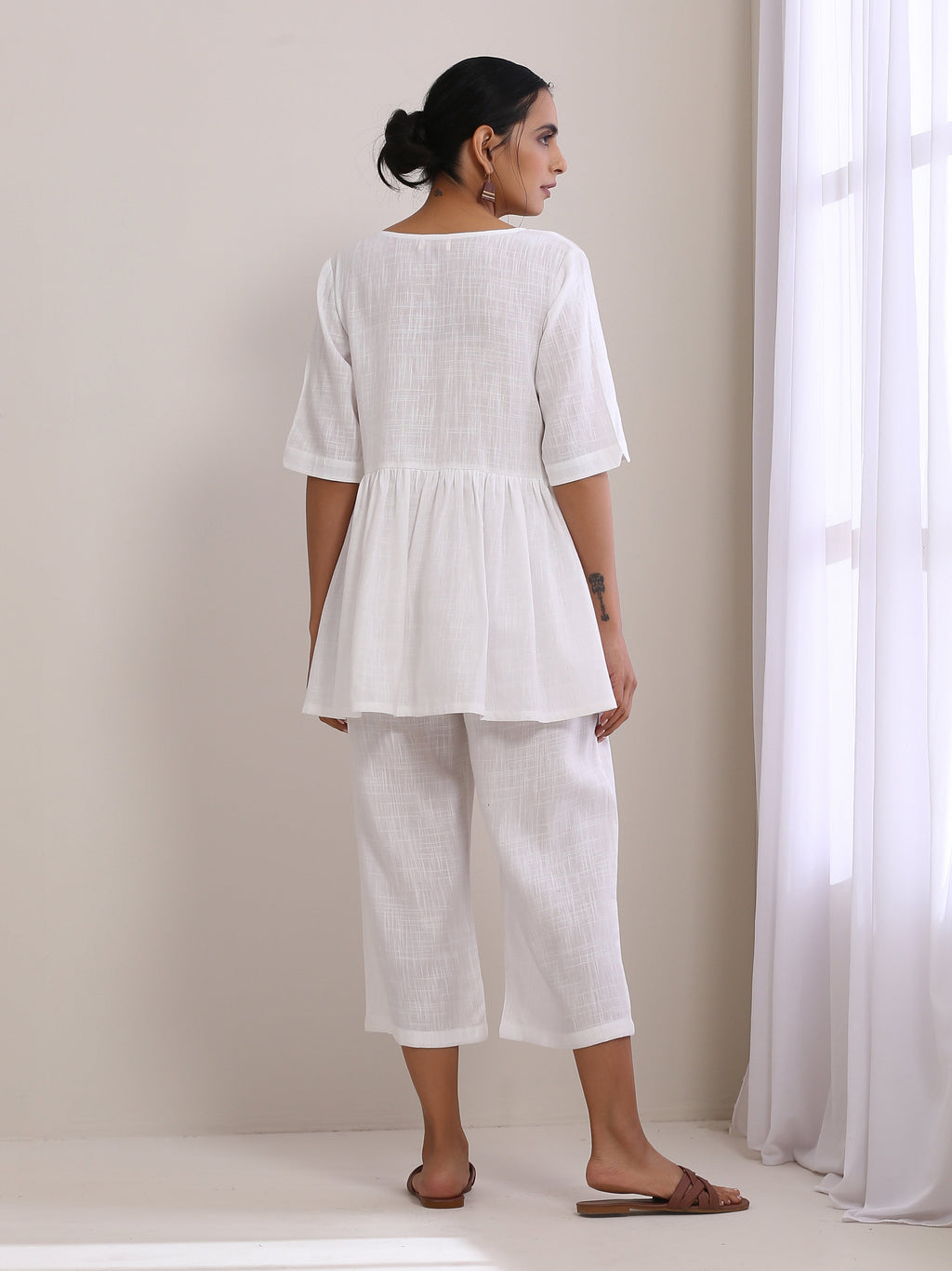 trueBrowns White Slub Texture Short Angrakha Co-Ord Set