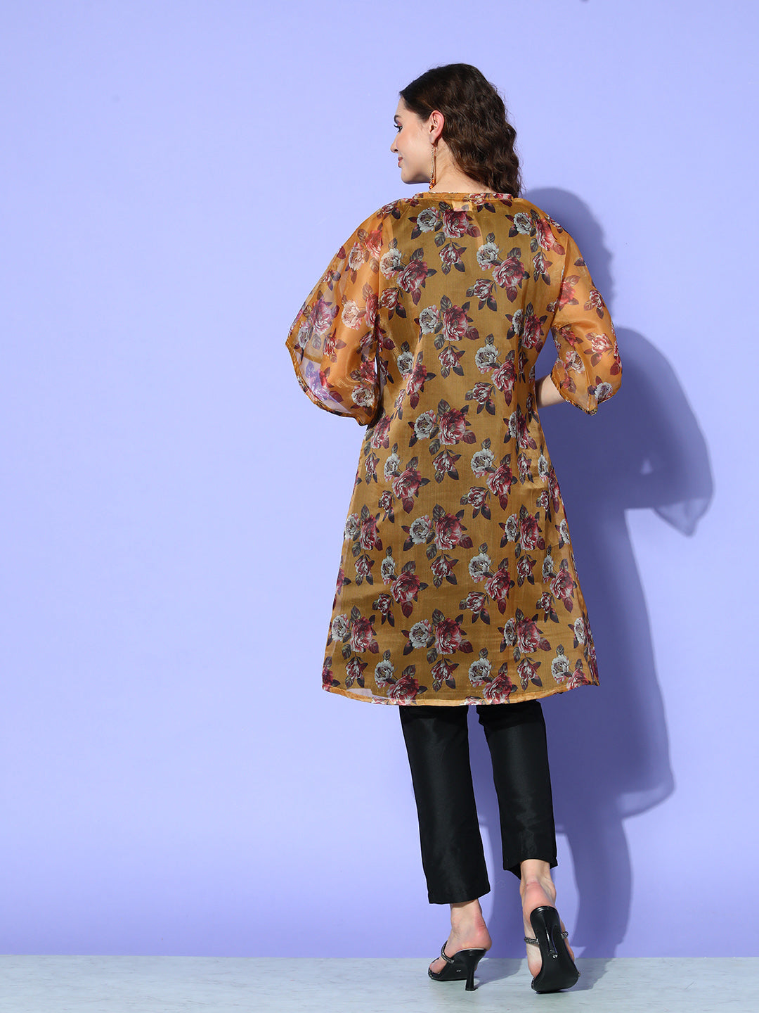 InWeave Women's Camel Brown White Rose Chintz Organza Cape