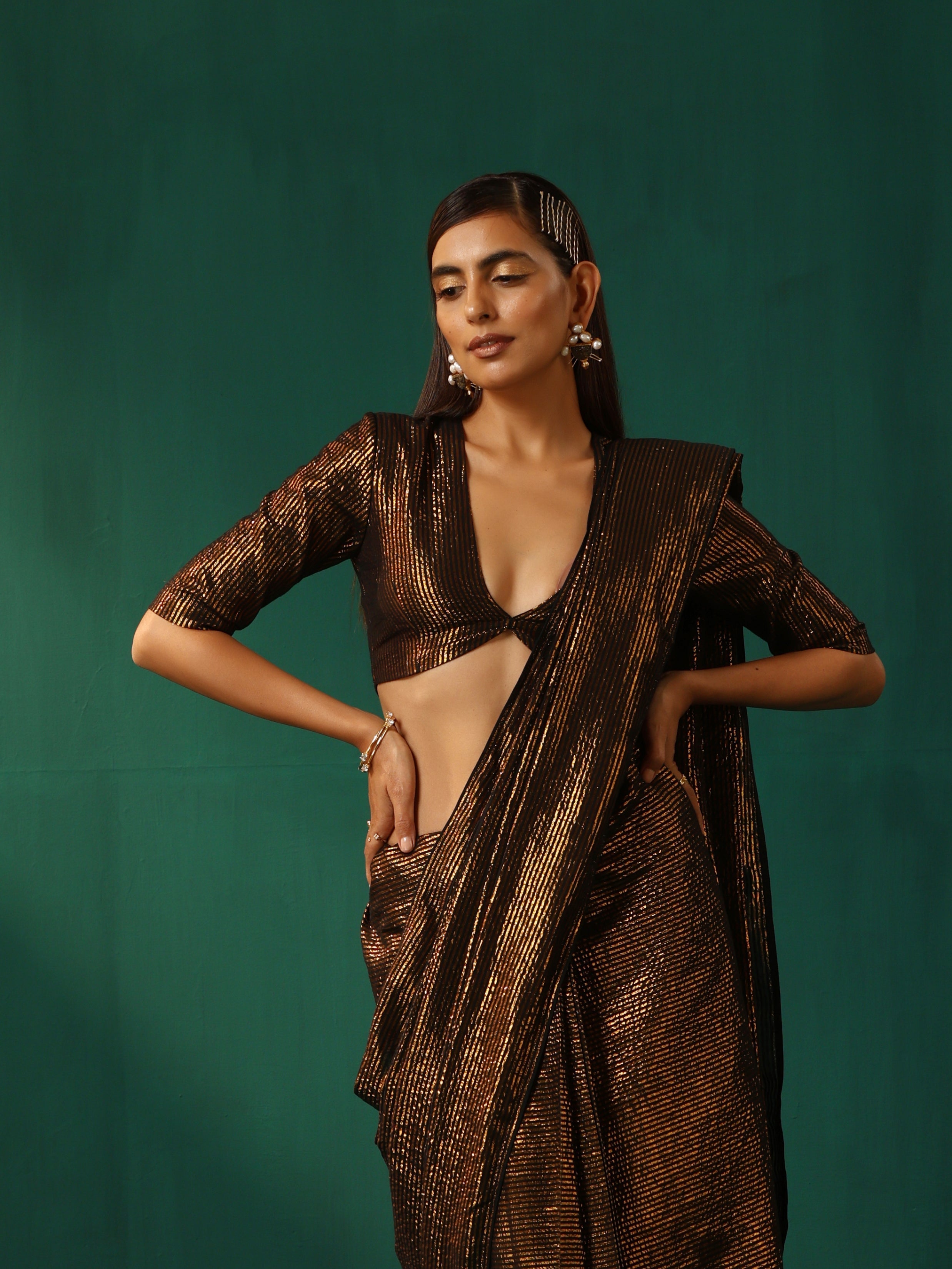 trueBrowns Black Cotton Gold Lurex Striped Ready to Wear Saree