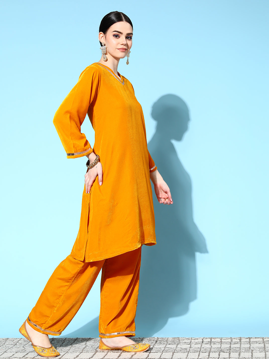 InWeave Women's Mustard Velvet Kurta Set With Mustard Kota Bandhani Dupatta