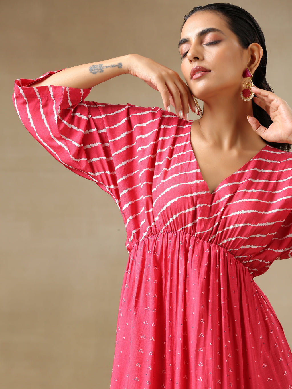 trueBrowns Pink Bandhani Printed Silk Drop Shoulder Dress