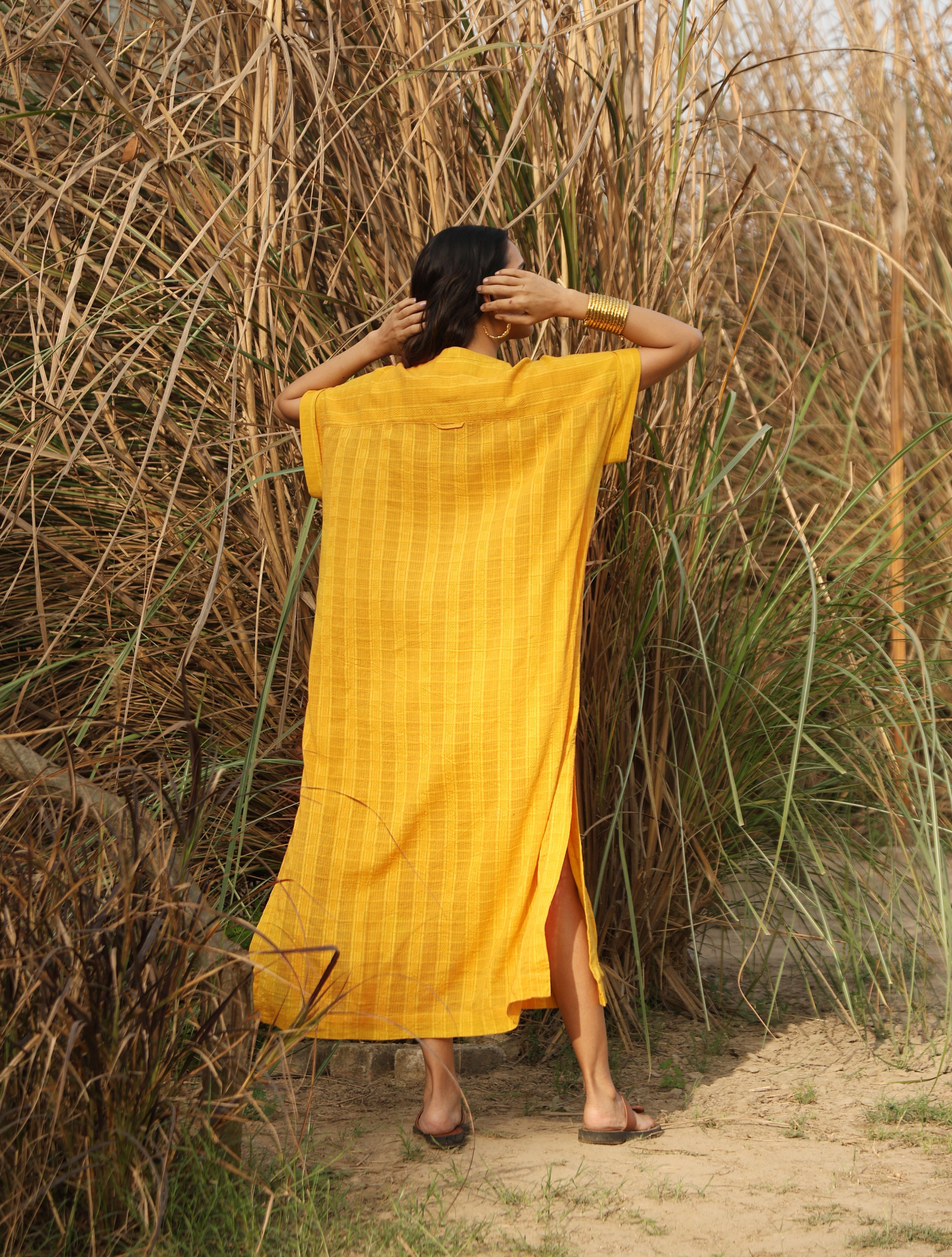 trueBrowns Mustard Cotton Dobby Oversized Dress