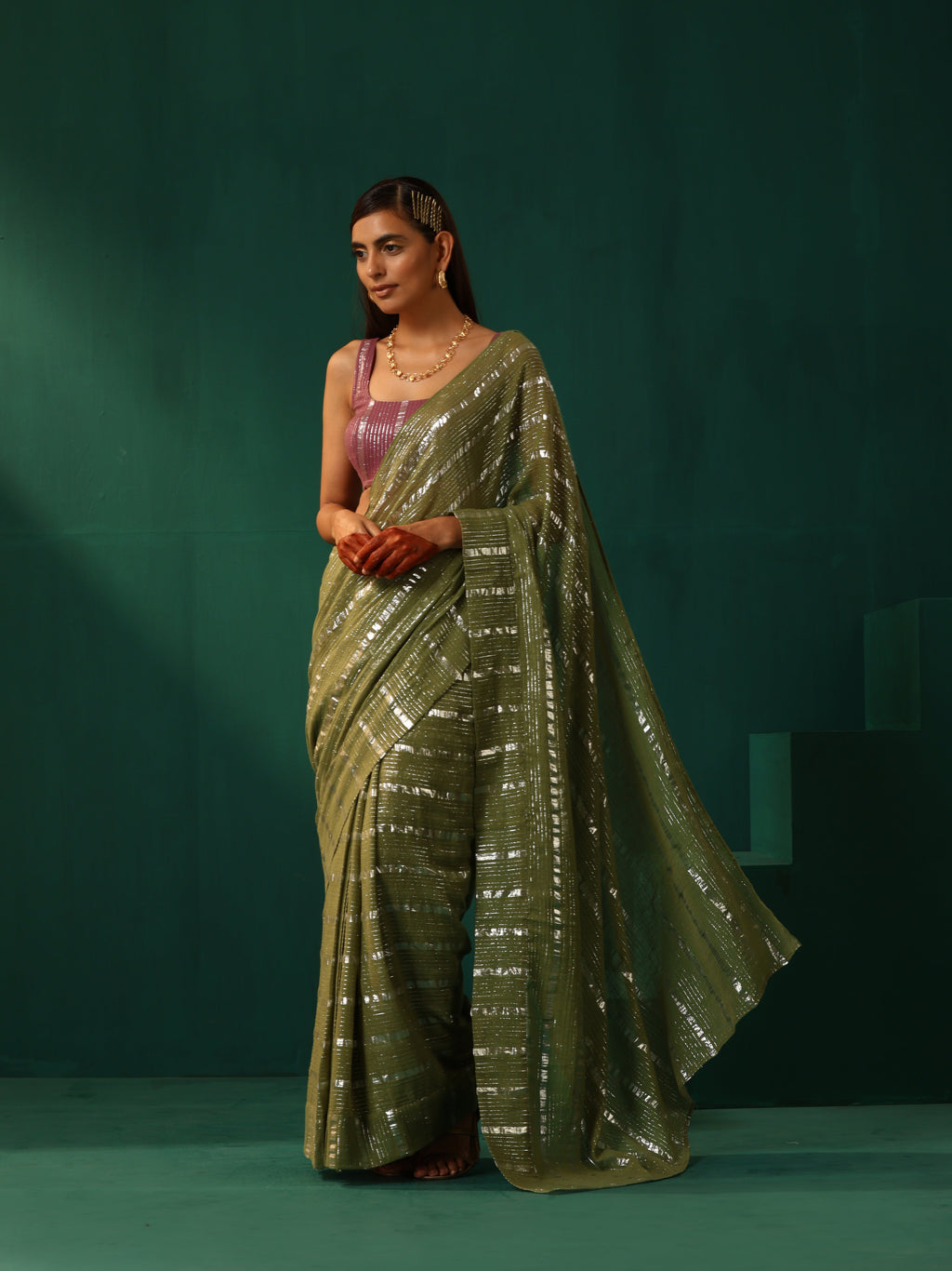 trueBrowns Sage Green Cotton Silver Lurex Striped Ready to Wear Saree