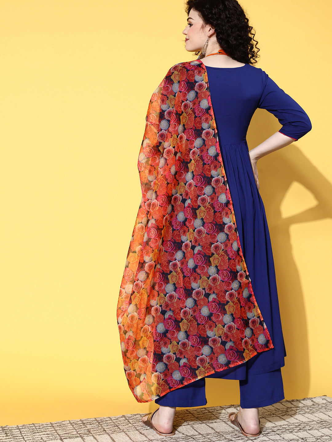 InWeave Women's Ink Blue Long Anarkali Kurta Set With Red Rose Organza Dupatta