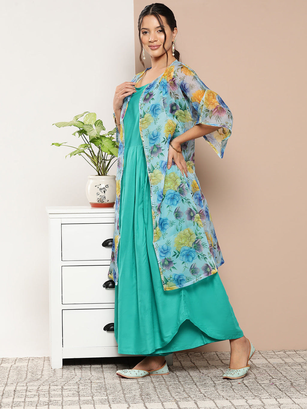 InWeave Women's Teal Blue Strappy Set With Blue Yellow Floral Cape