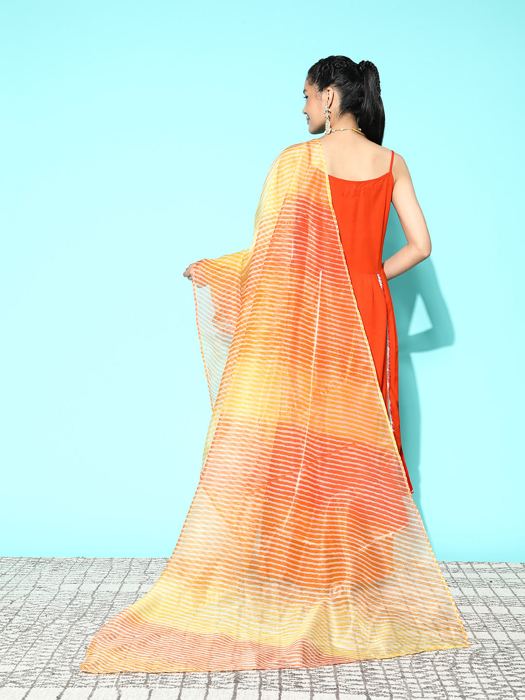 InWeave Women's Orange Red Gota Strappy Set With Orange Leh Dupatta