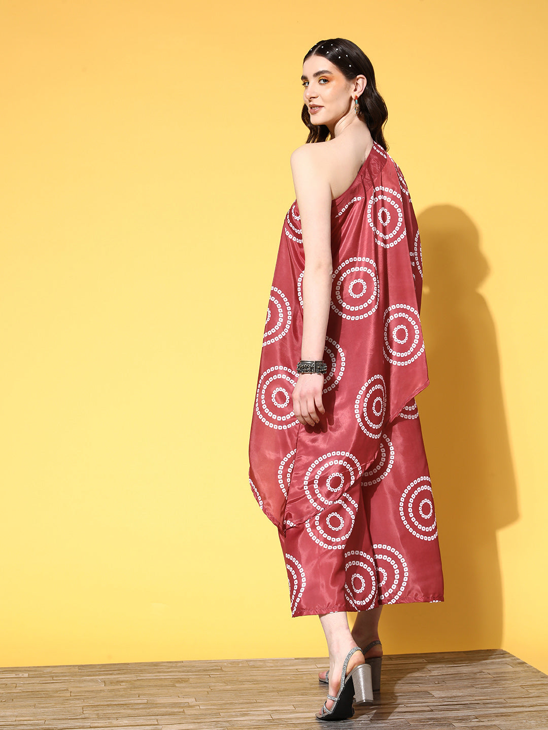InWeave Women's Maroon Bandhani Motif One Shoulder Palazzo Set