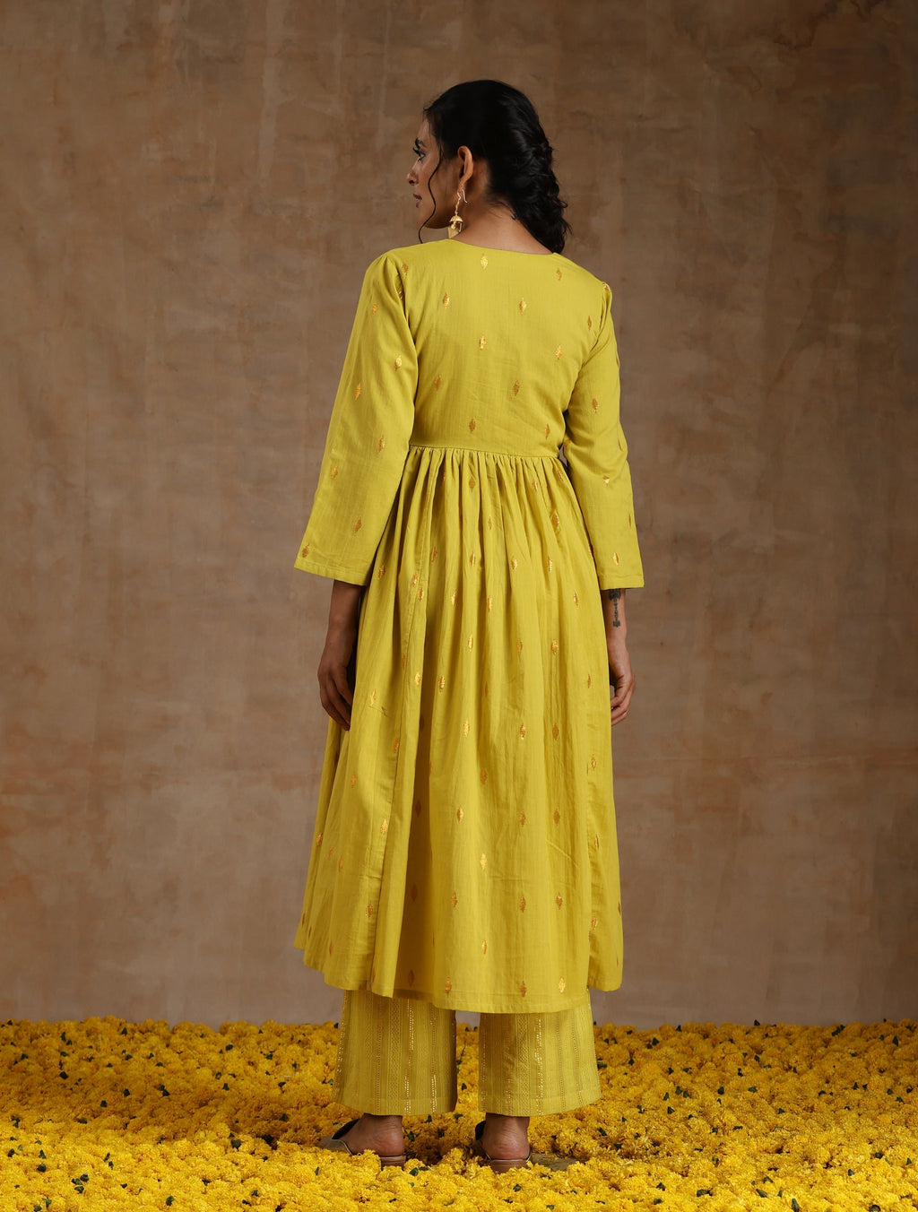 trueBrowns Lime Gold Cotton Kalidar Kurta Set