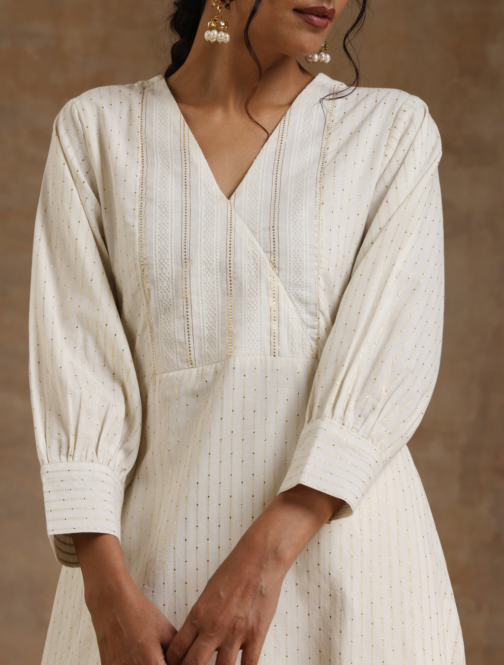 trueBrowns Ivory Gold Cotton Overlap Yoke Kurta Set