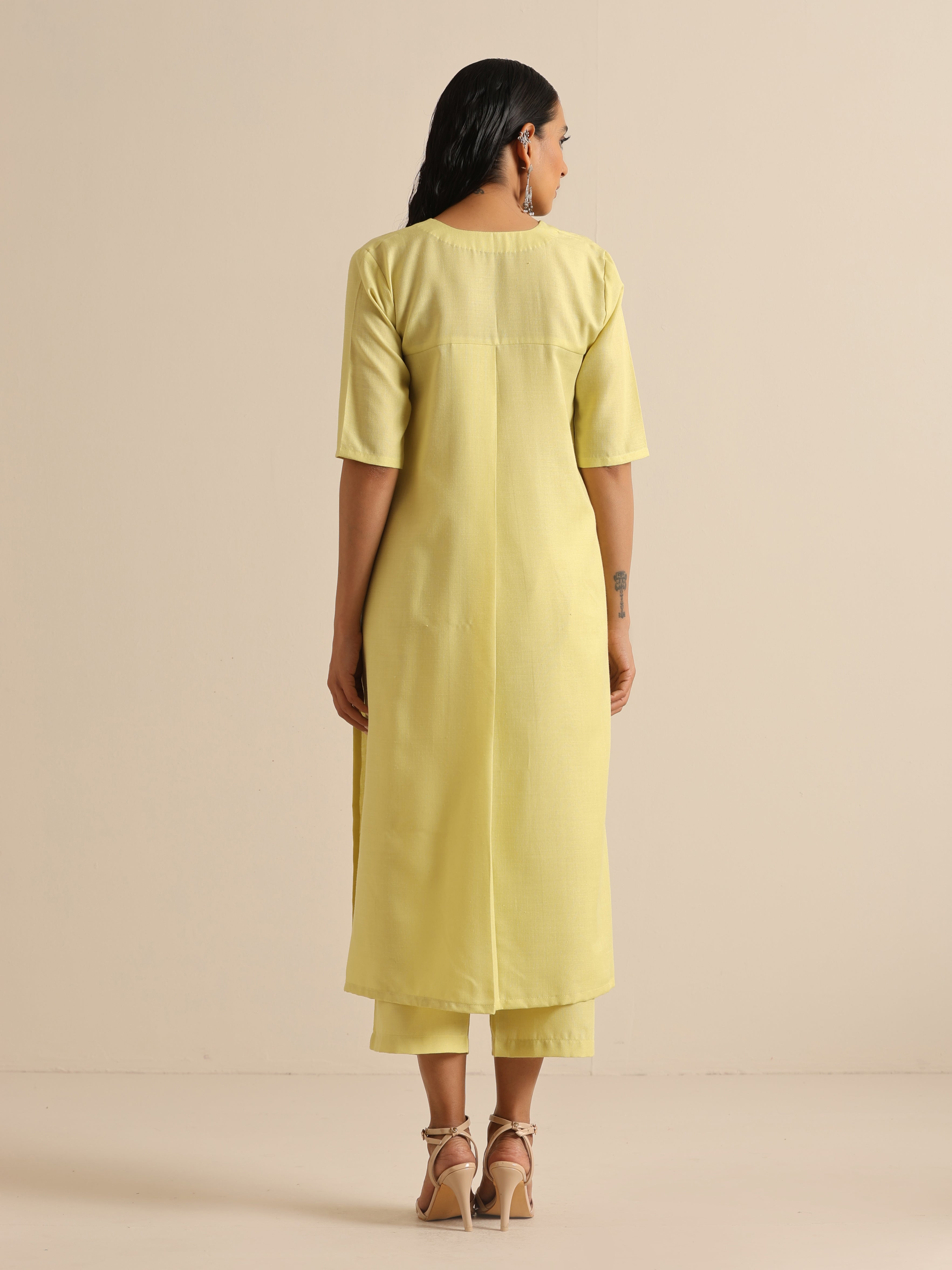 trueBrowns Spark Green Slub High Slit Kurta Pant Set