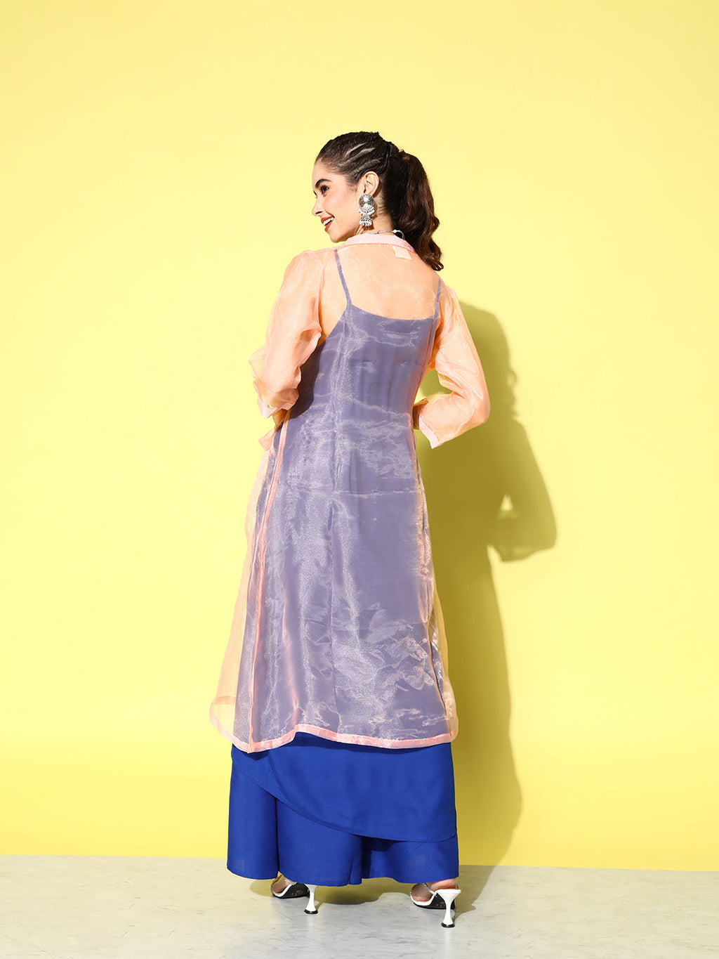InWeave Women's Ink Blue Strappy Kurta Set With Peach Organza Cape
