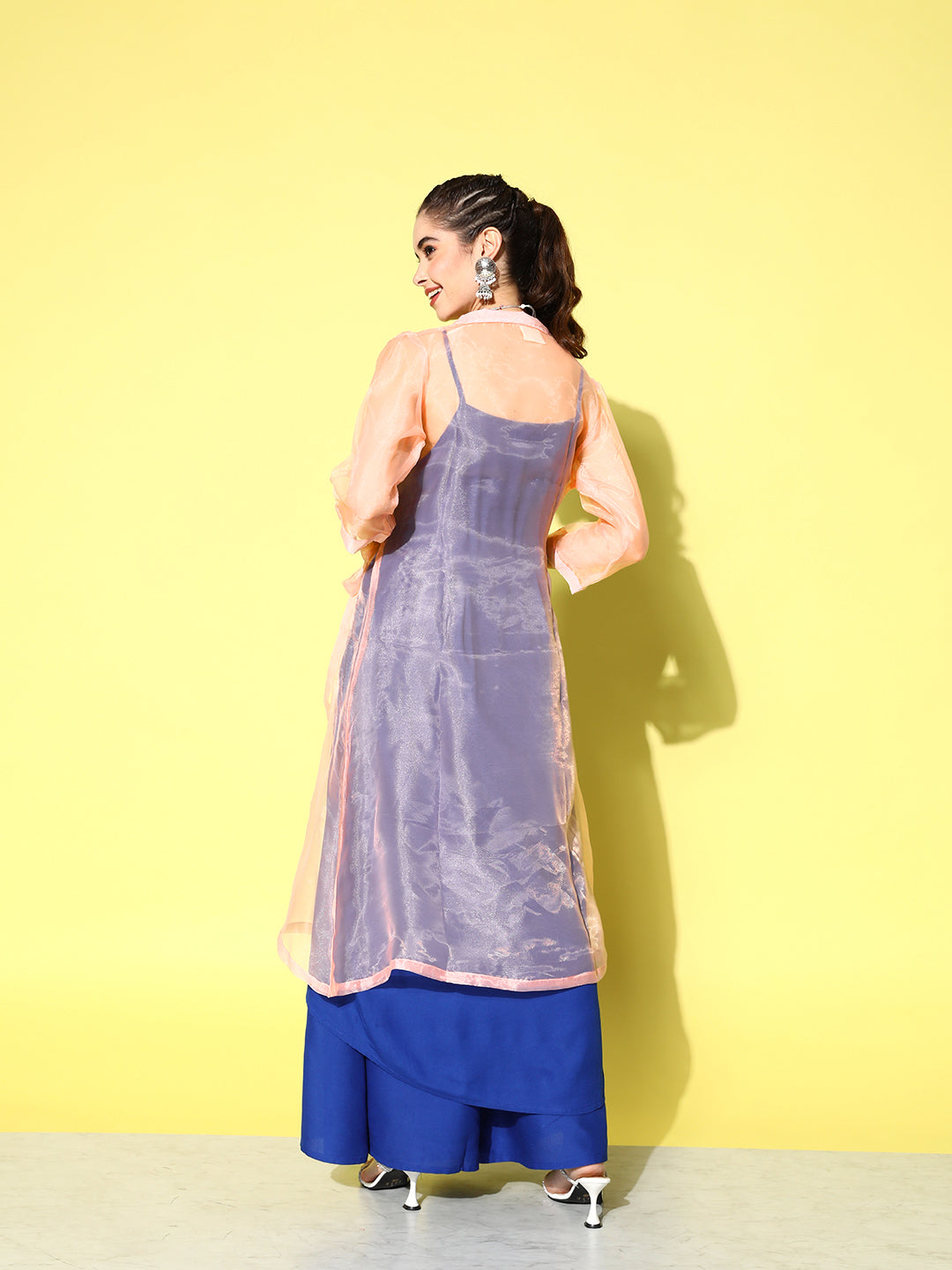 InWeave Women's Ink Blue Strappy Kurta Set With Peach Organza Cape