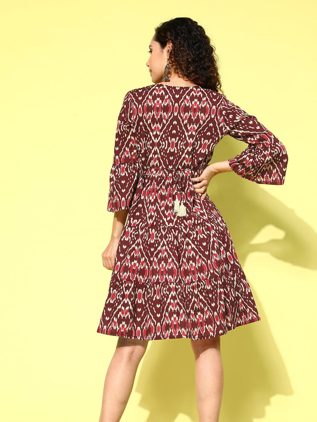 InWeave Women's Wine Pink Ikkat Print Short Dress