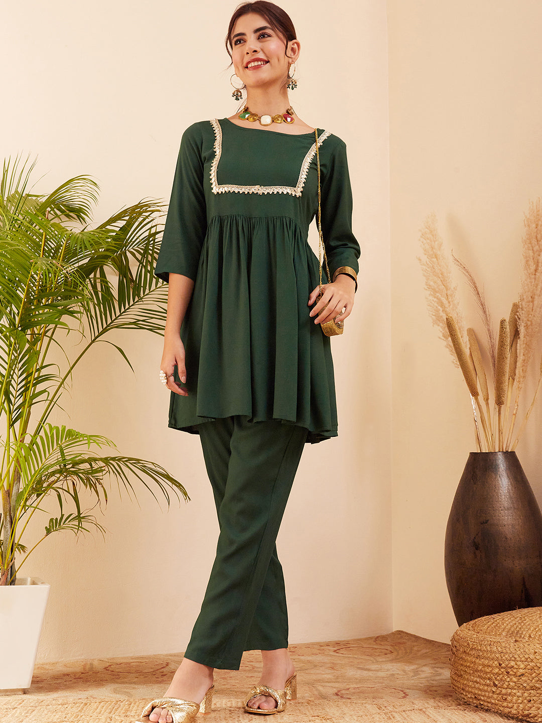 InWeave Women's Forest Green Round Neck Square Gota Work Kurta Pant Set