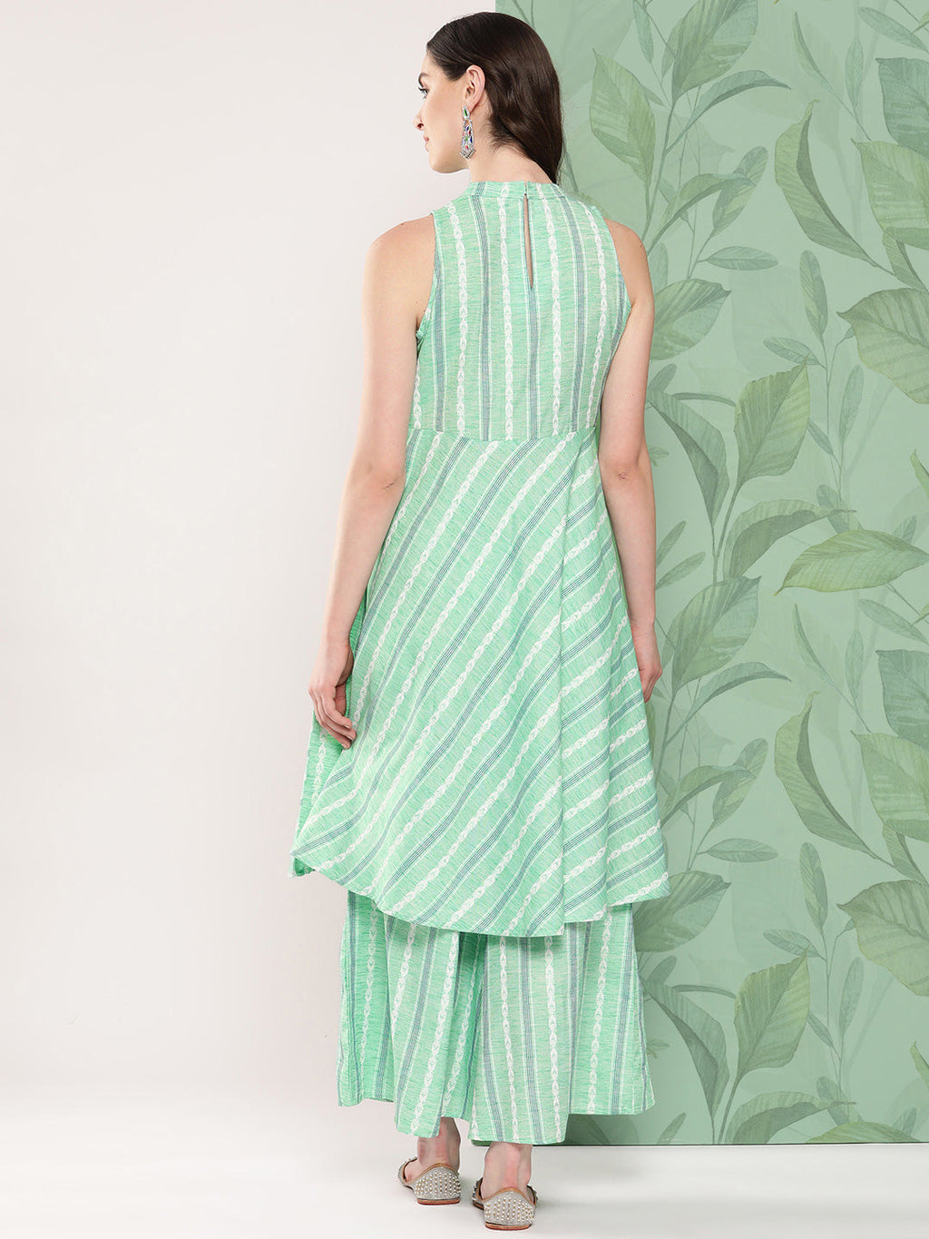 InWeave Women's Teal Kantha Striped Kurta Set