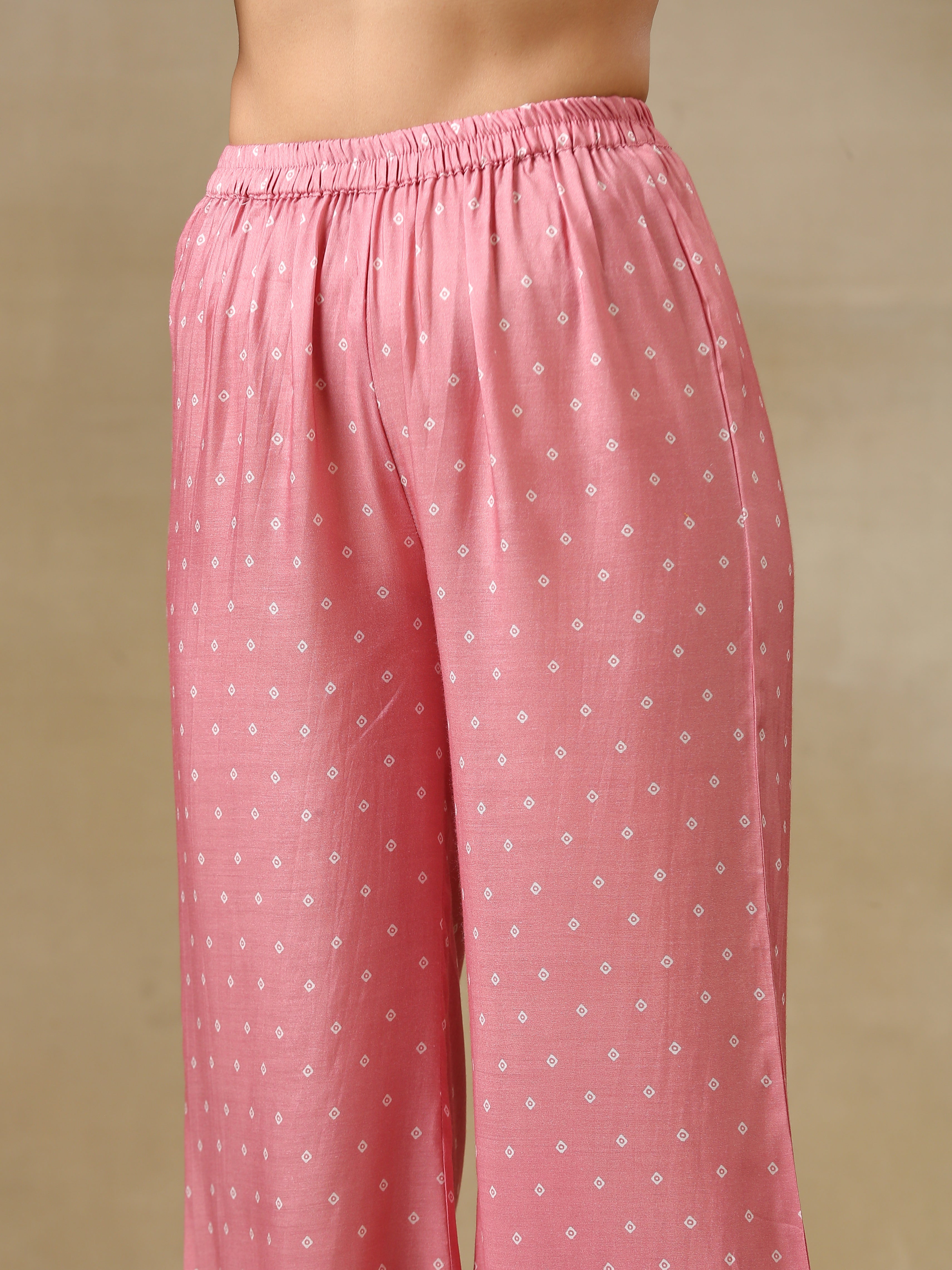 trueBrowns Light Mauve Bandhani Printed Silk Flared Kurta Pant Set