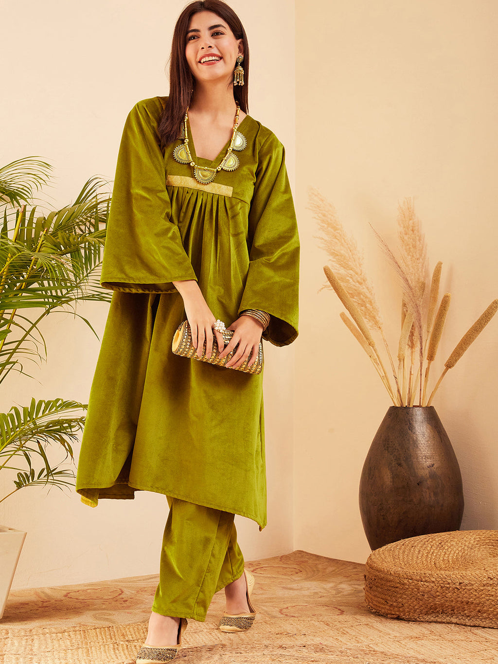 InWeave Women's Olive V Neck Asymmetrical Pleated Velvet Kurta Set