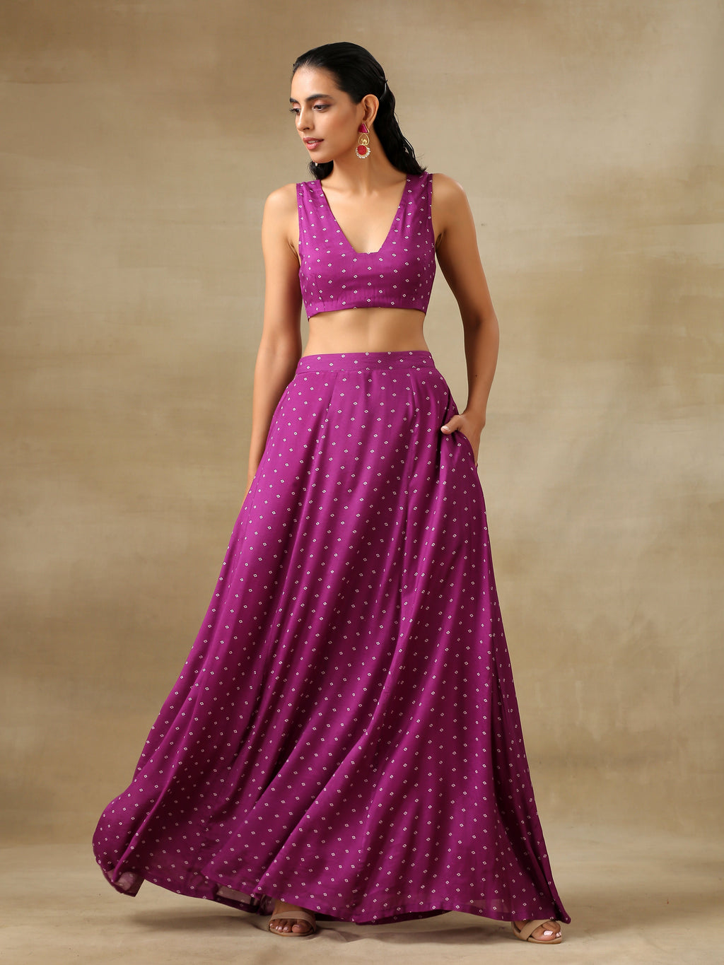 trueBrowns Purple Bandhani Printed Silk Top Skirt Jacket Set