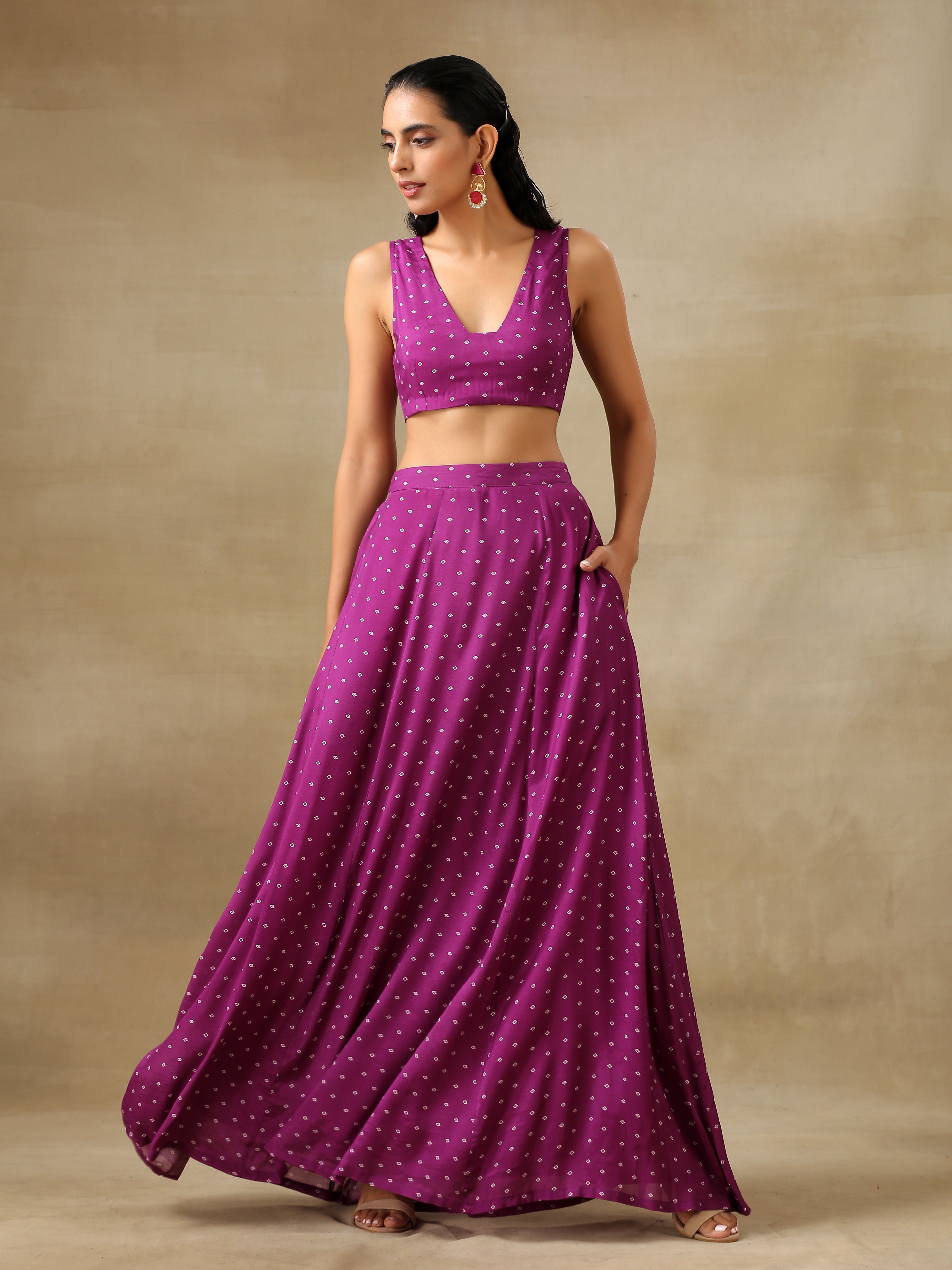 trueBrowns Purple Bandhani Printed Silk Top Skirt Jacket Set