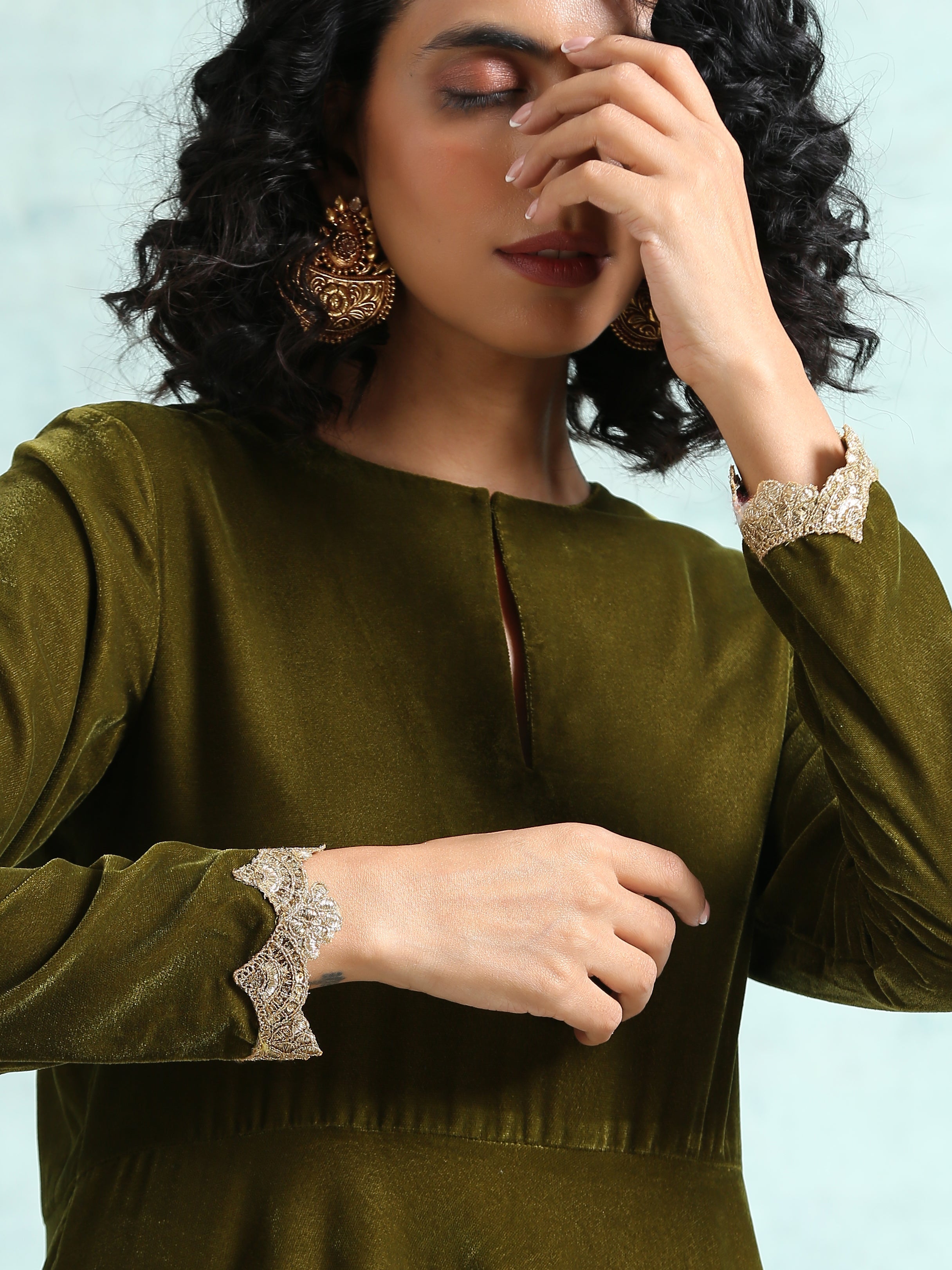 trueBrowns Mehandi Velvet Anarkali Kurta