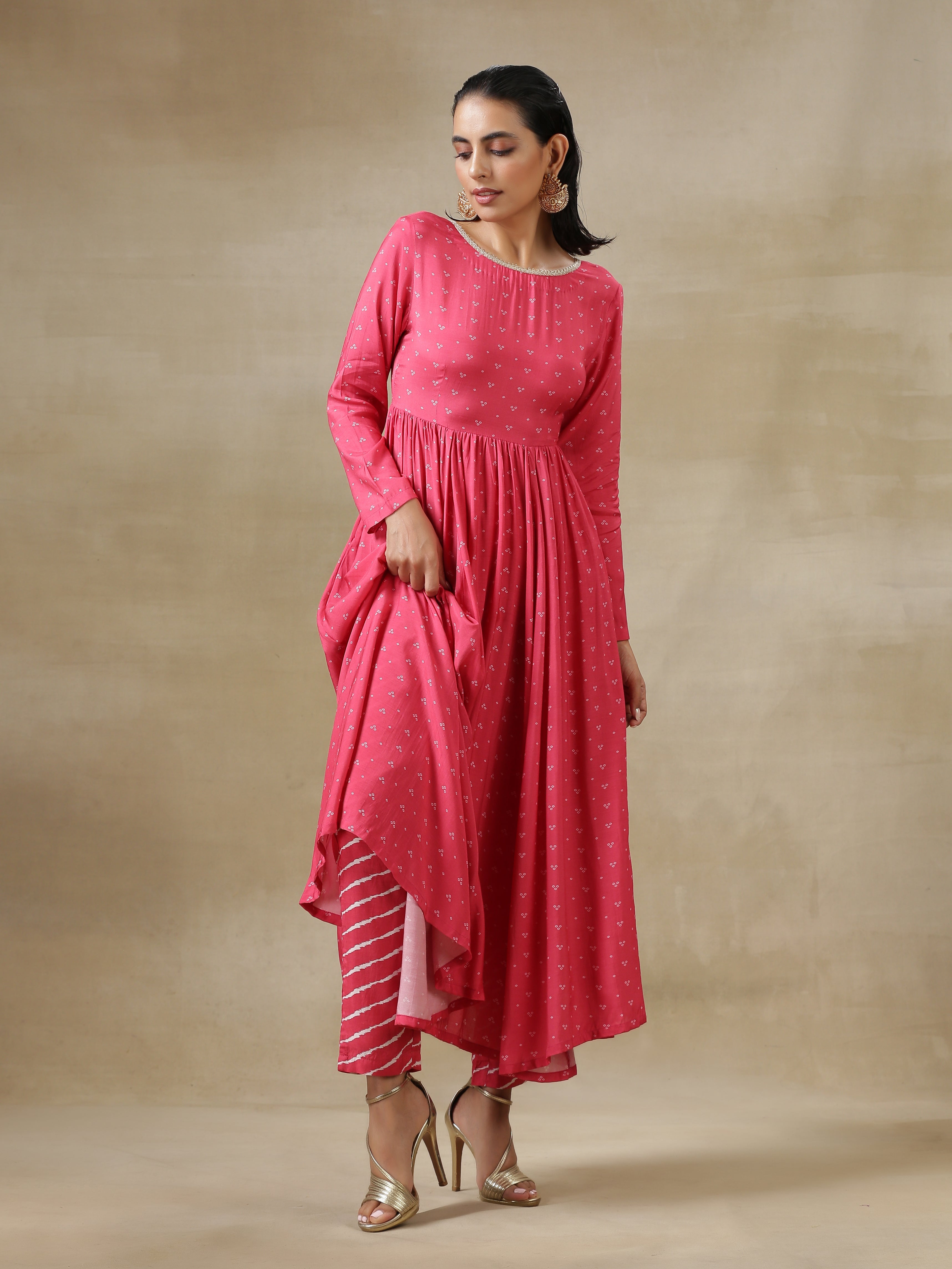 trueBrowns Pink Bandhani Printed Silk Anarkali Kurta Pant Dupatta Set
