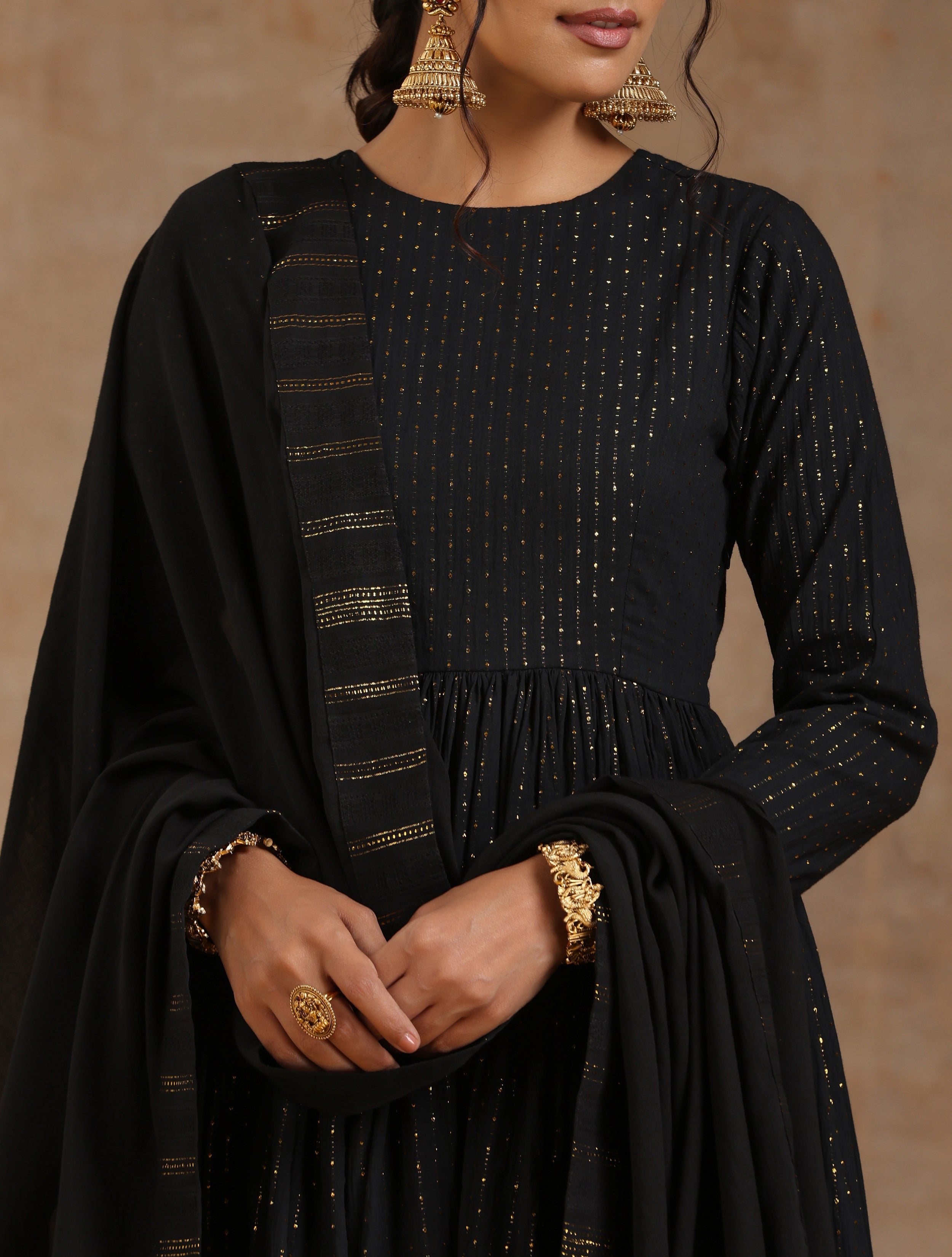trueBrowns Black Gold Cotton Anarkali Set