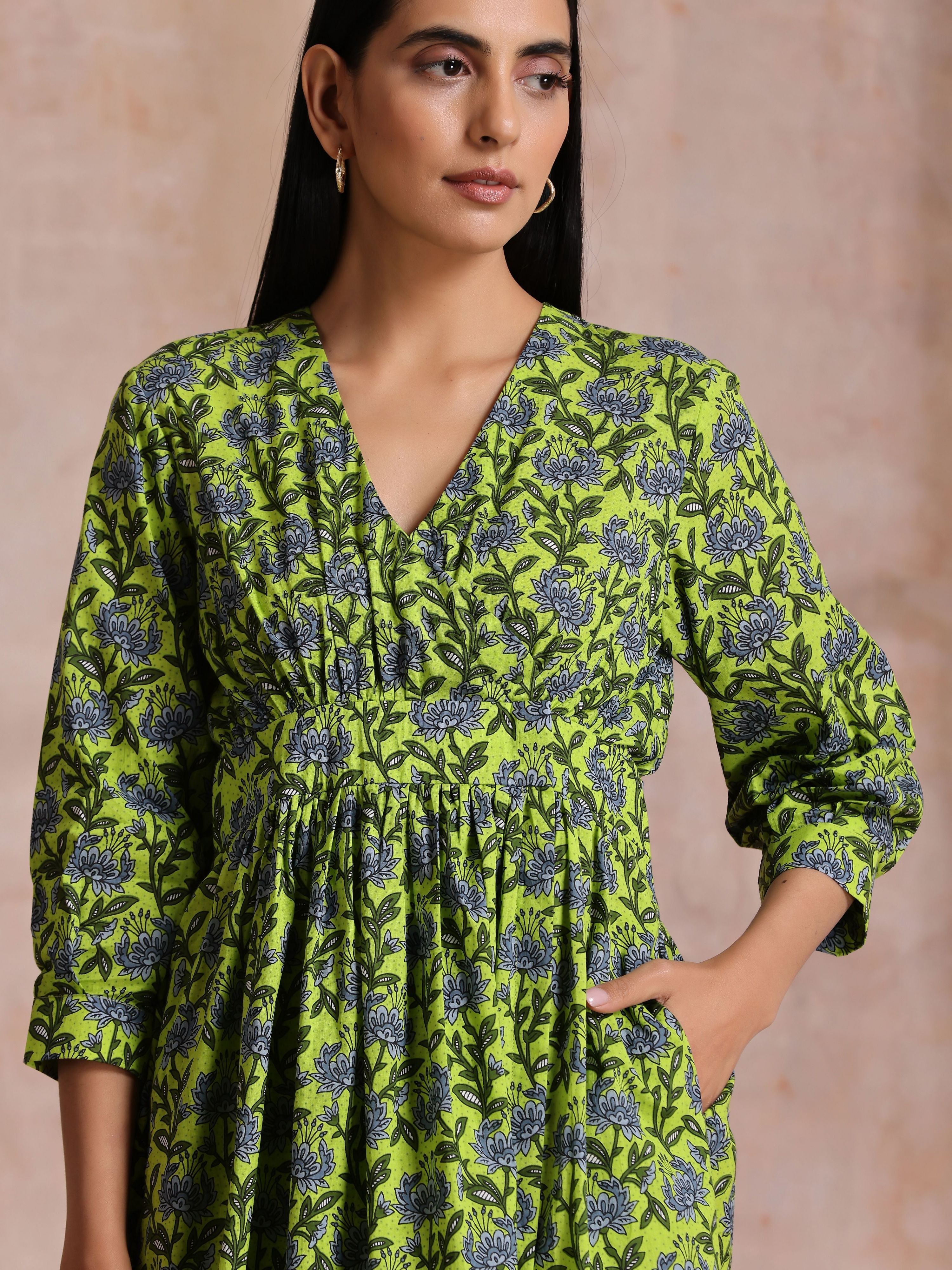 trueBrowns Lime Green Overall Blue Floral Block Print Cotton Wrap Dress