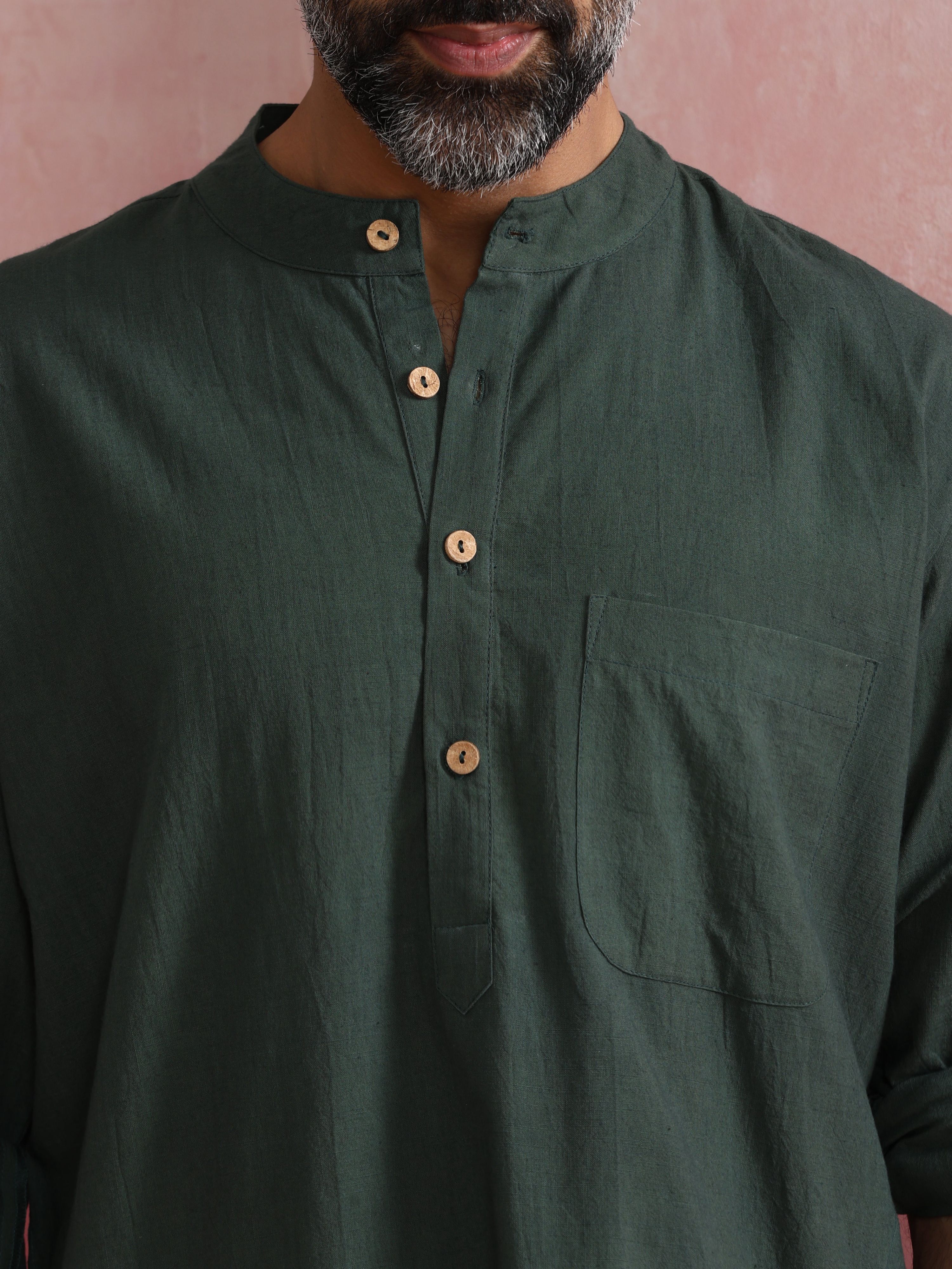 trueBrowns Men's Green Cotton Mandarin Collar Kurta Co-ord set