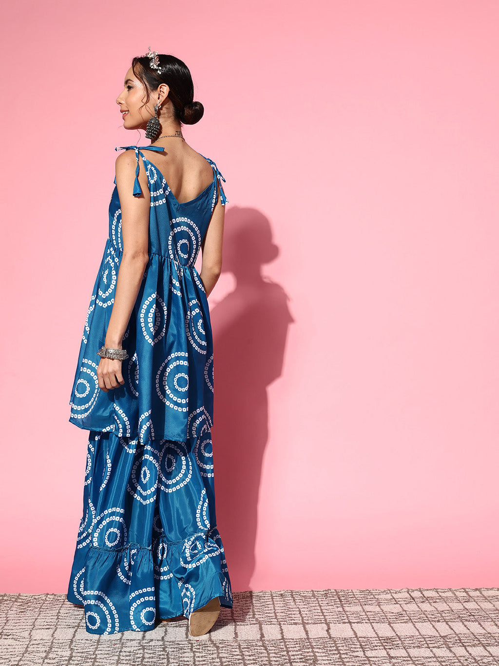 InWeave Women's Blue Bandhani Motif Shoulder Tie Up Kurta Set