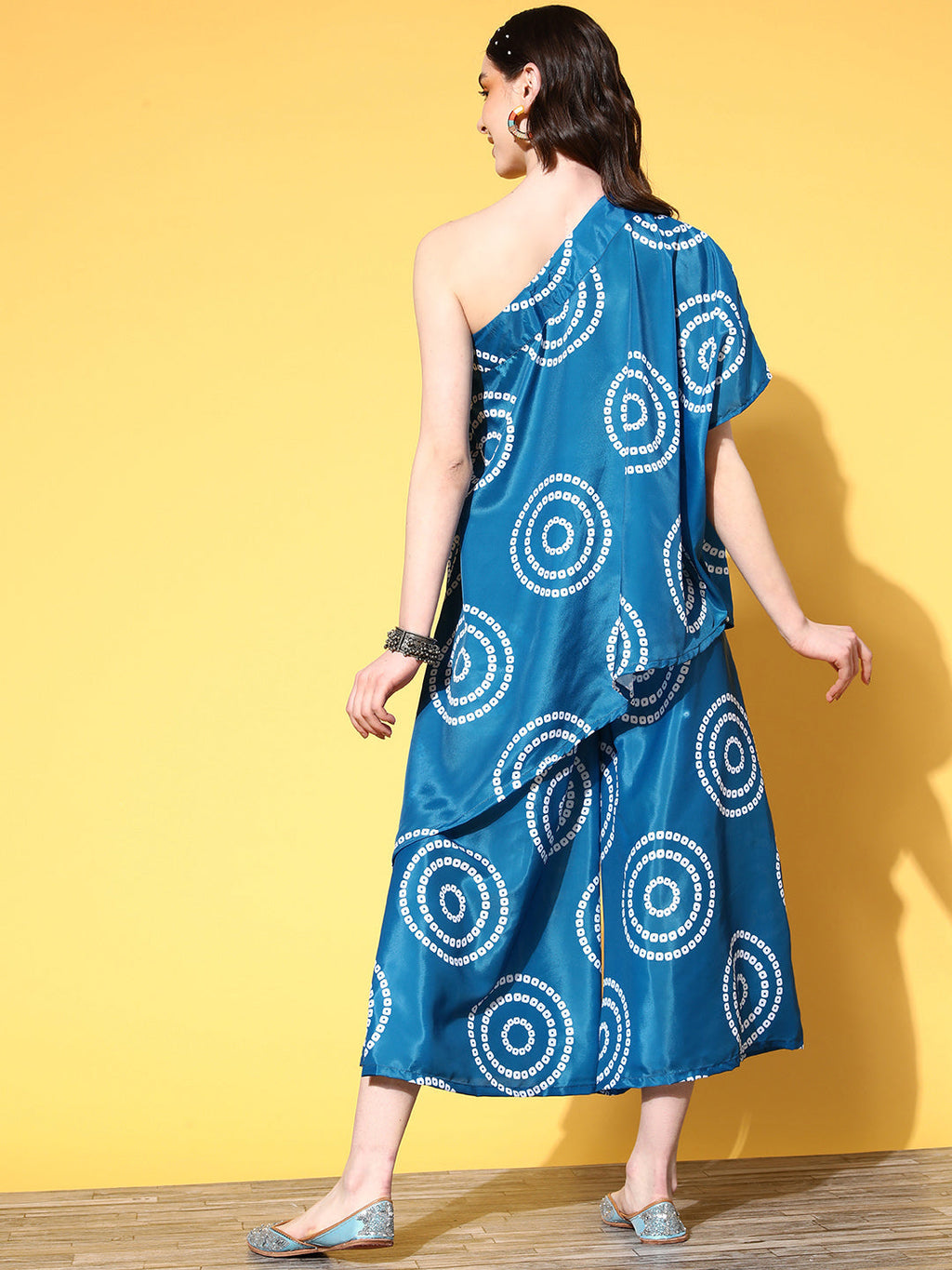 InWeave Women's Blue Bandhani Motif One Shoulder Palazzo Set