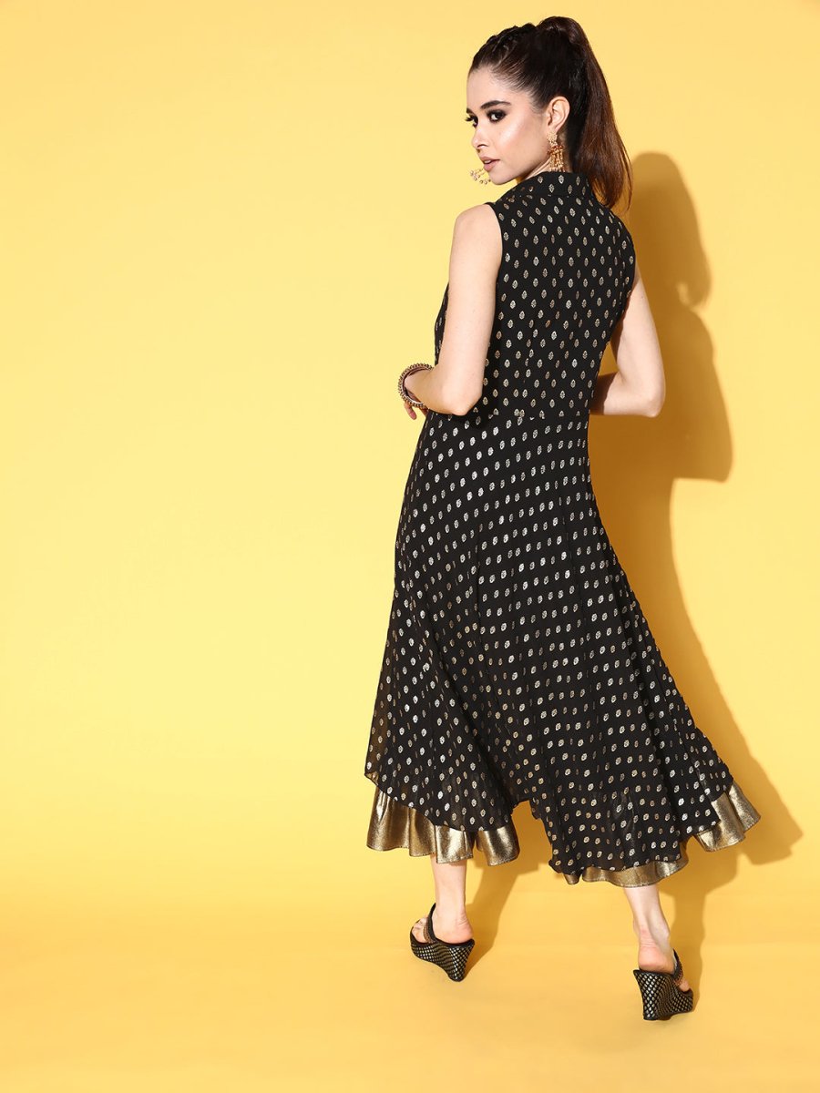 Ahalyaa Black Georgette Ethnic Motifs Printed Shirt-Collar Midi Fit & Flare Ethnic Dress