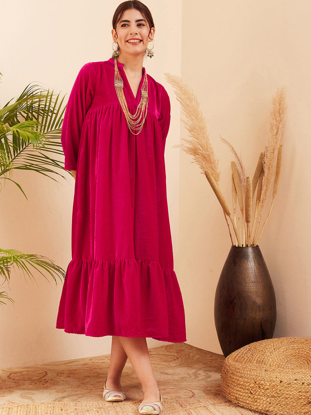 InWeave Women's Fuchsia Velvet Manderia V Neck Flared Dress