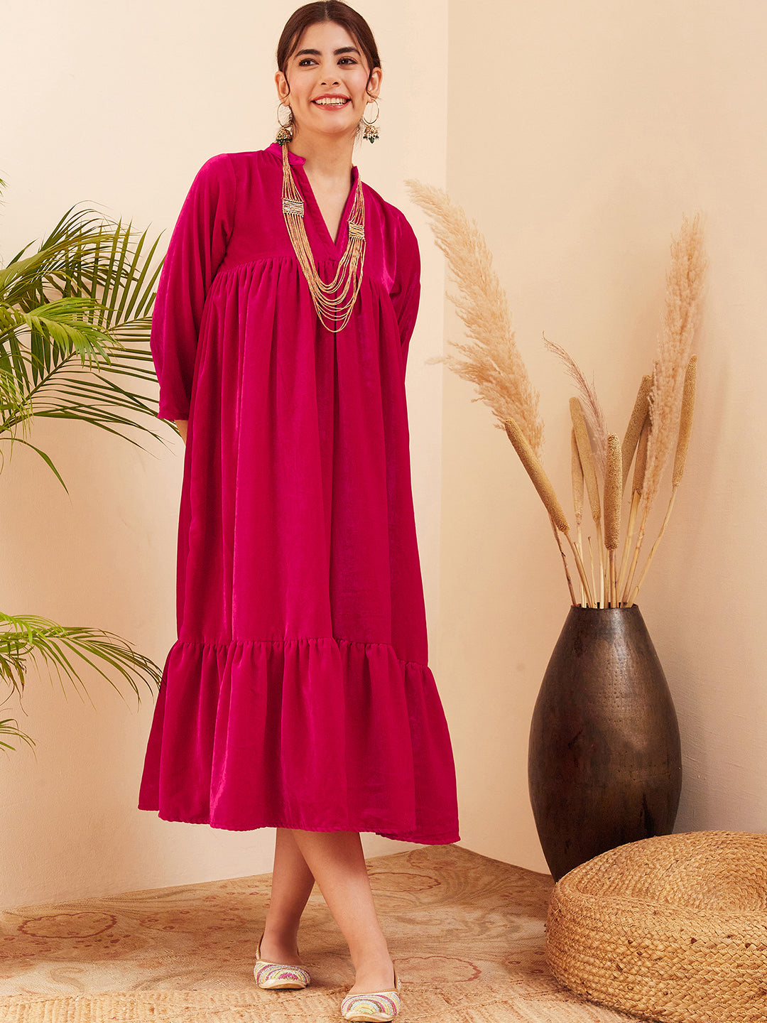 InWeave Women's Fuchsia Velvet Manderia V Neck Flared Dress
