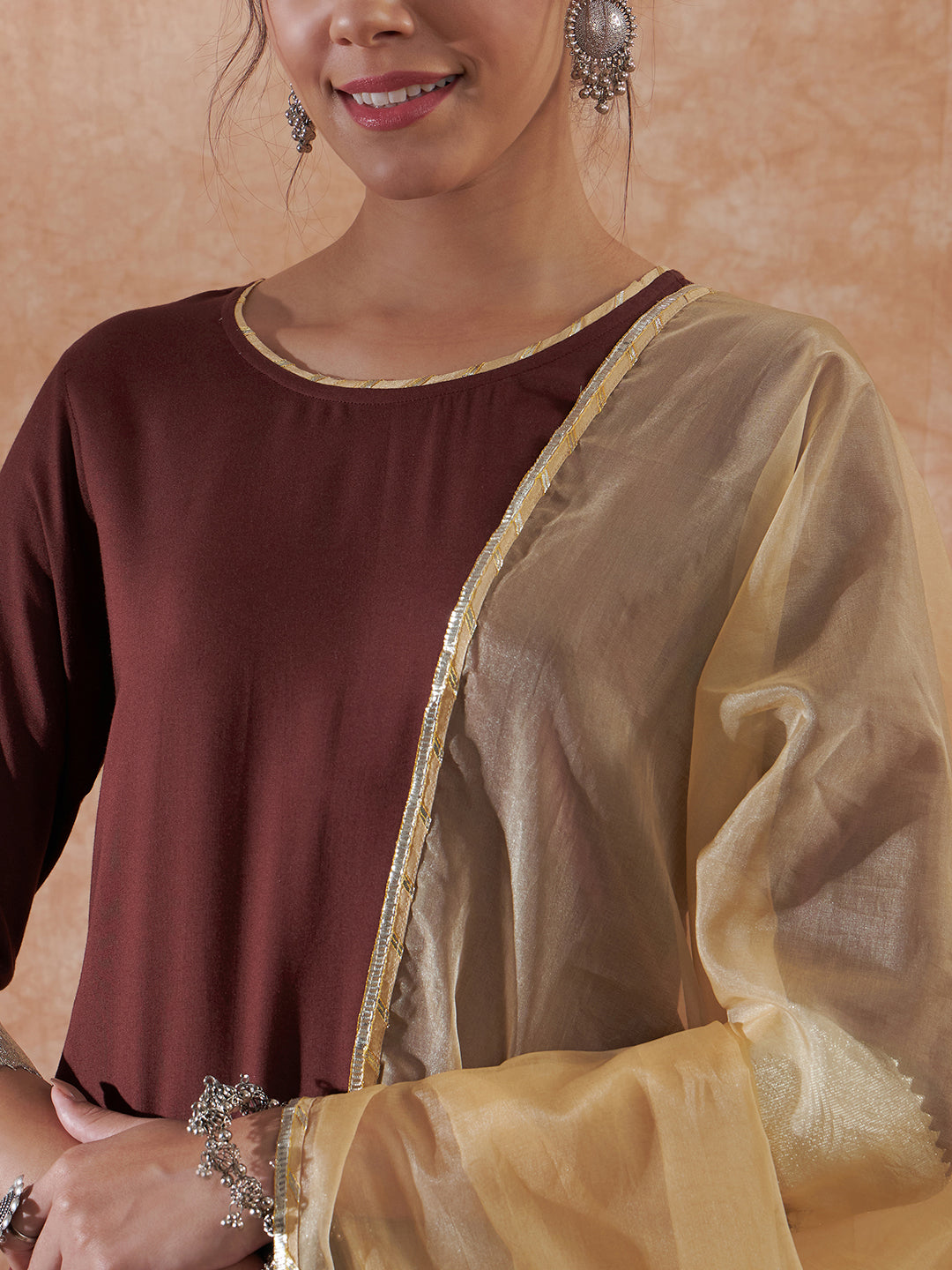 InWeave Women's Brown Gota Work Anarkali Kurta Set W Dupatta